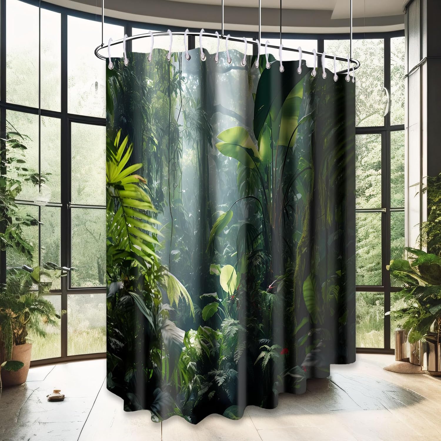Rainforest Extra Wide Shower Curtain for Clawfoot Tub, 108" W X 72" L, Tropical Green Jungle Plant Scenery Bathroom Decor, Waterproof Cloth Fabric with Hooks