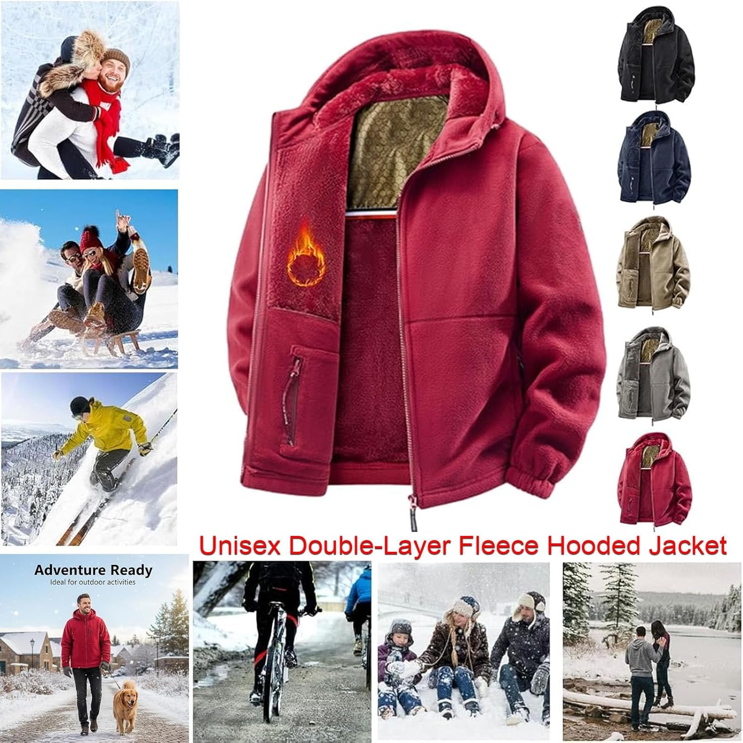 Men’s Double-Layer Fleece Hooded Jacket, Ultra Warm Winter Windproof Double-sided Fleece Jackets Full Zip