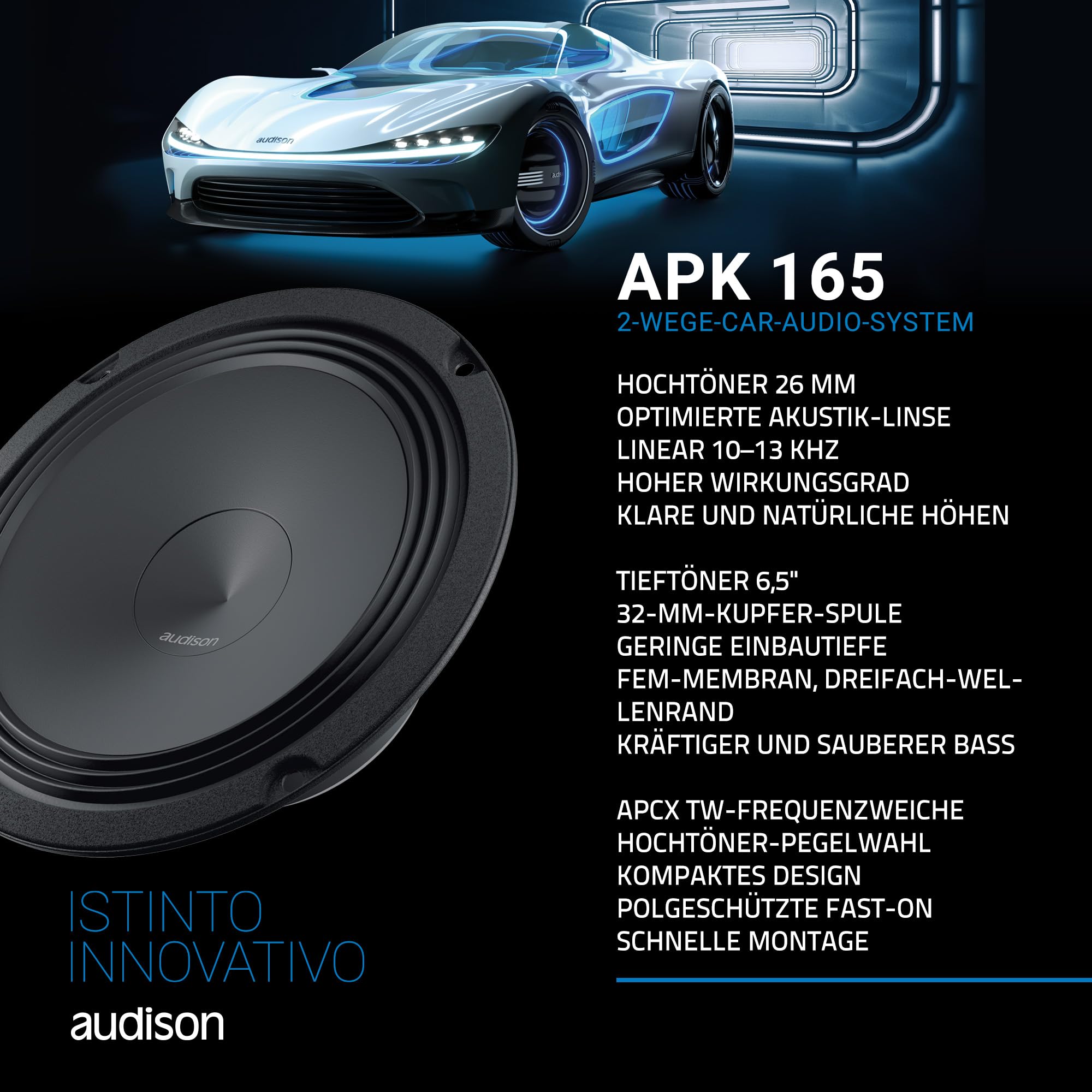 Audison APK 165 – 2-Wege-Auto-Audiosystem 4 Ohm 165 mm 300W Spitzenleistung