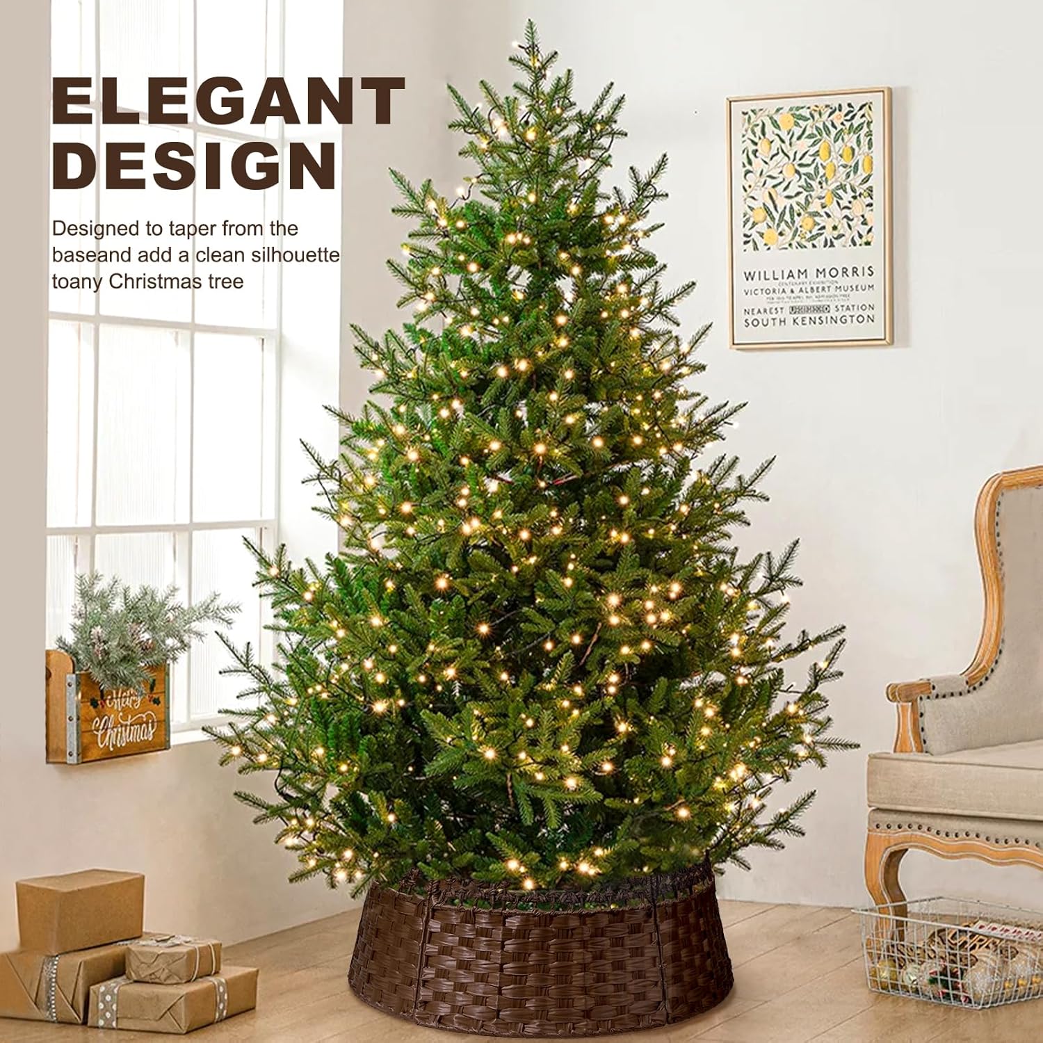 26in Christmas Tree Collar, Natural Woven Rustic & Farmhouse Holiday Decoration, 5-Piece Rattan Tree Skirt Ring Accessory for Xmas Artificial Trees(Brown)