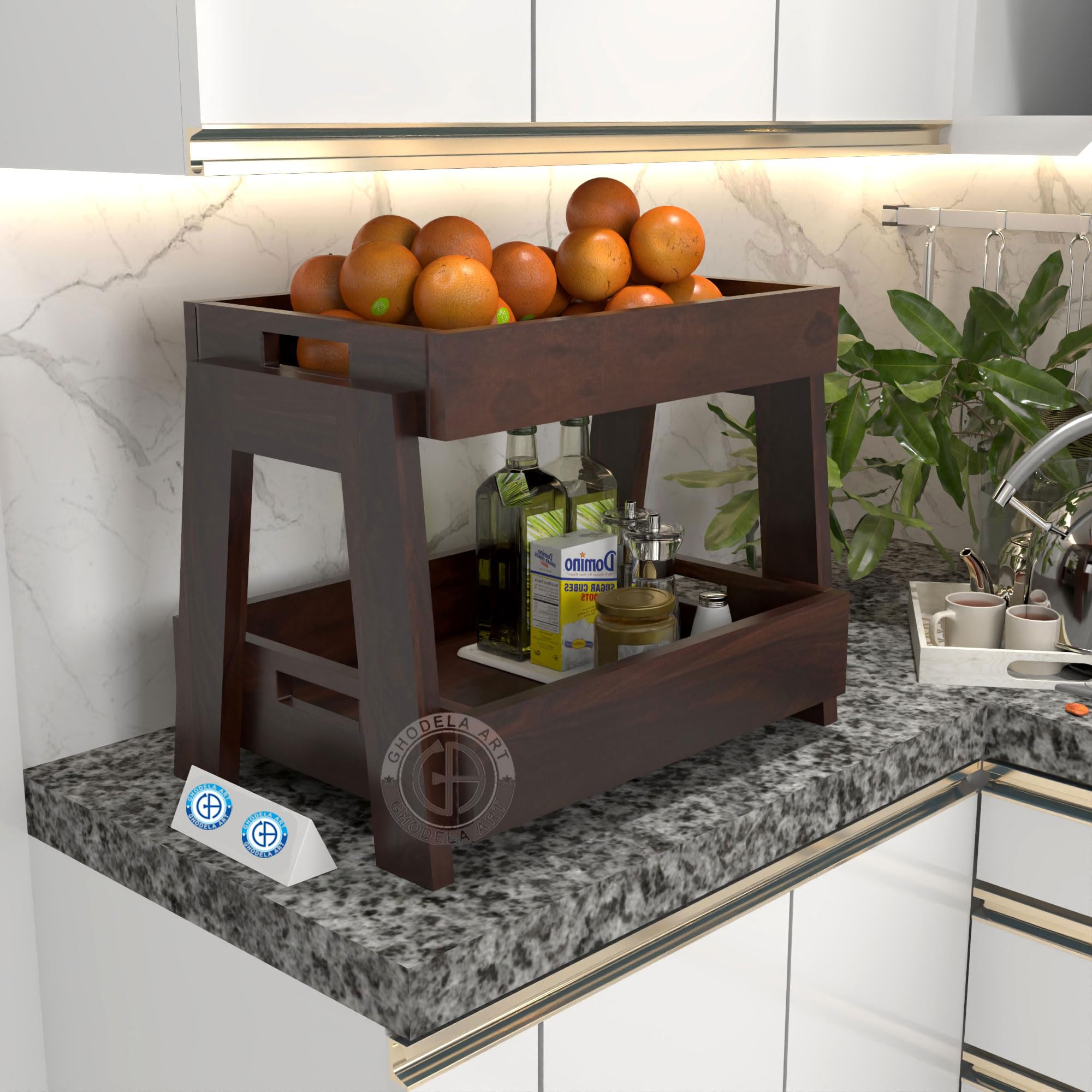 GHODELA ART Sheesham Wood 2 Tier Vegetable Rack Countertop Organiser for Jars Spices Kitchen Multifunction Storage Shelf (Walnut Finish)-image-46