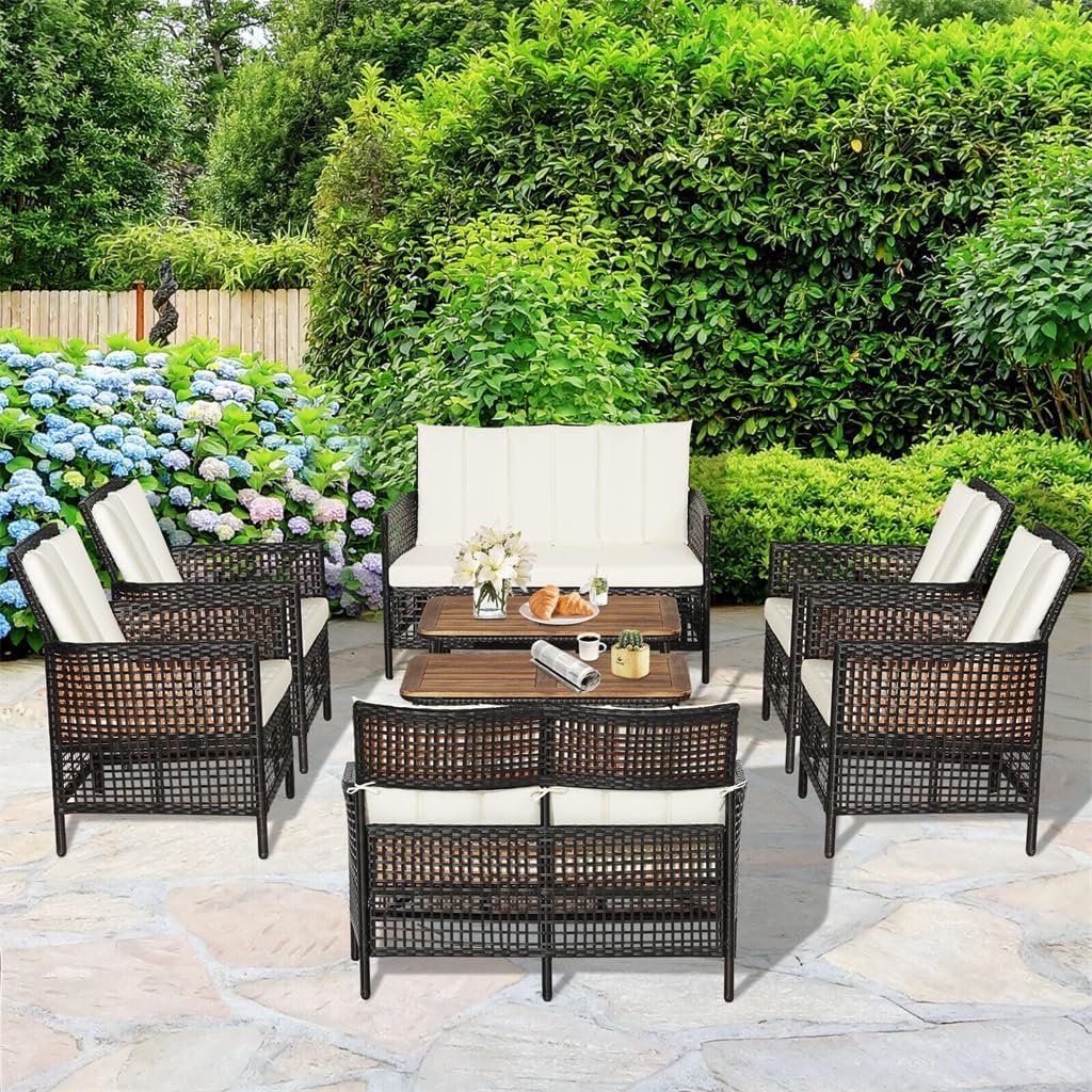 8PCS Patio Rattan Furniture Set Cushioned Chairs Wood Table Top W/Shelf