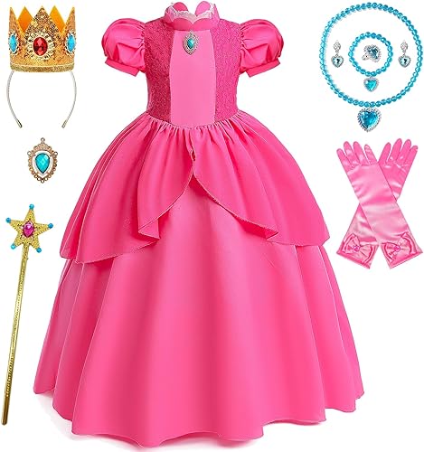 RELARLiYA Vestido de princesa melocotón para niñas, disfraz de princesa rosa melocotón para niños, cosplay, Halloween, fiesta de cumpleaños, traje