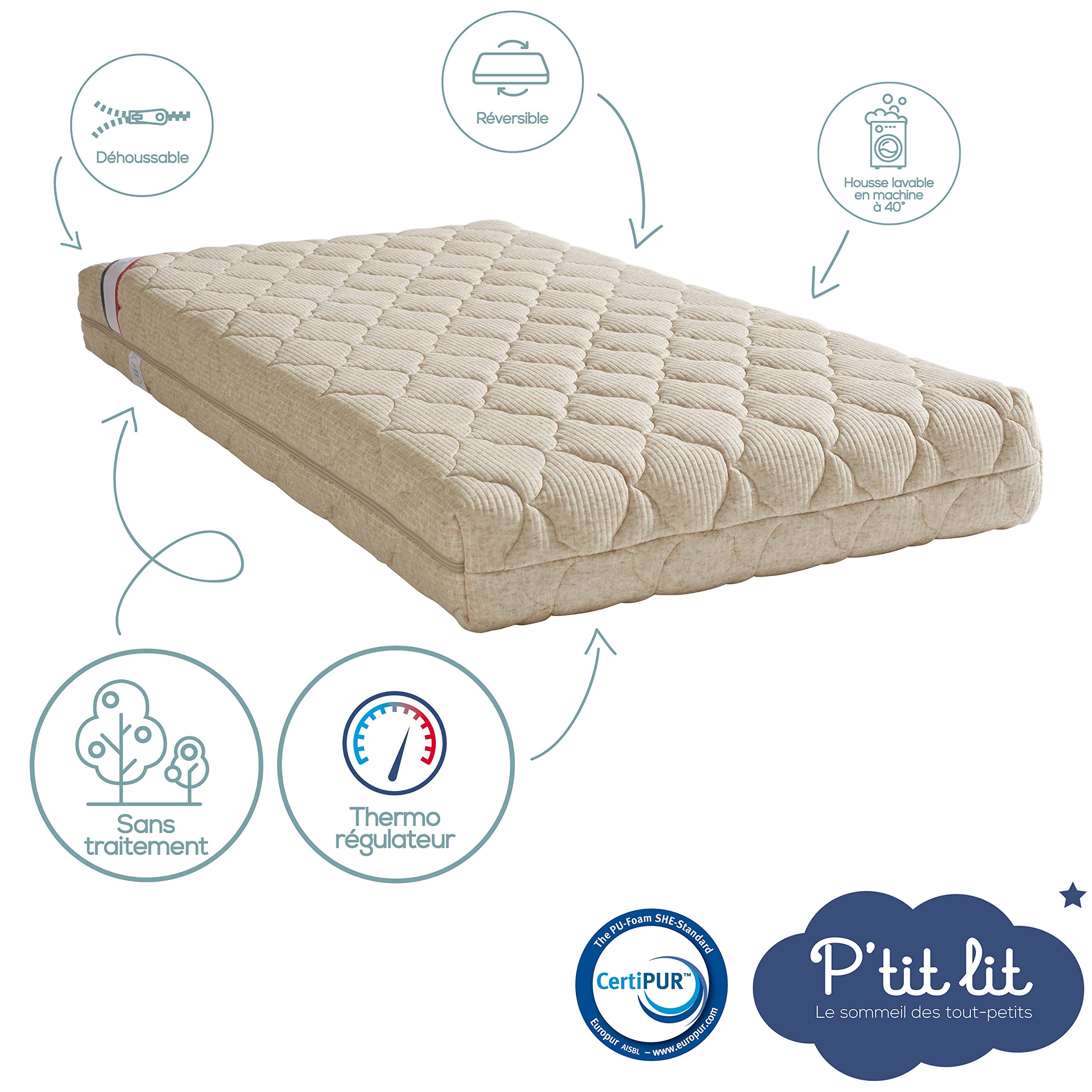 P'TIT LIT - Matelas Enfant/Bébé Authentique - 70x140 cm - Lin d'origine végétale : Naturellement Thermorégulateur - sans Traitement Chimique - Déhoussable - Oeko Tex® - Fabrication Française