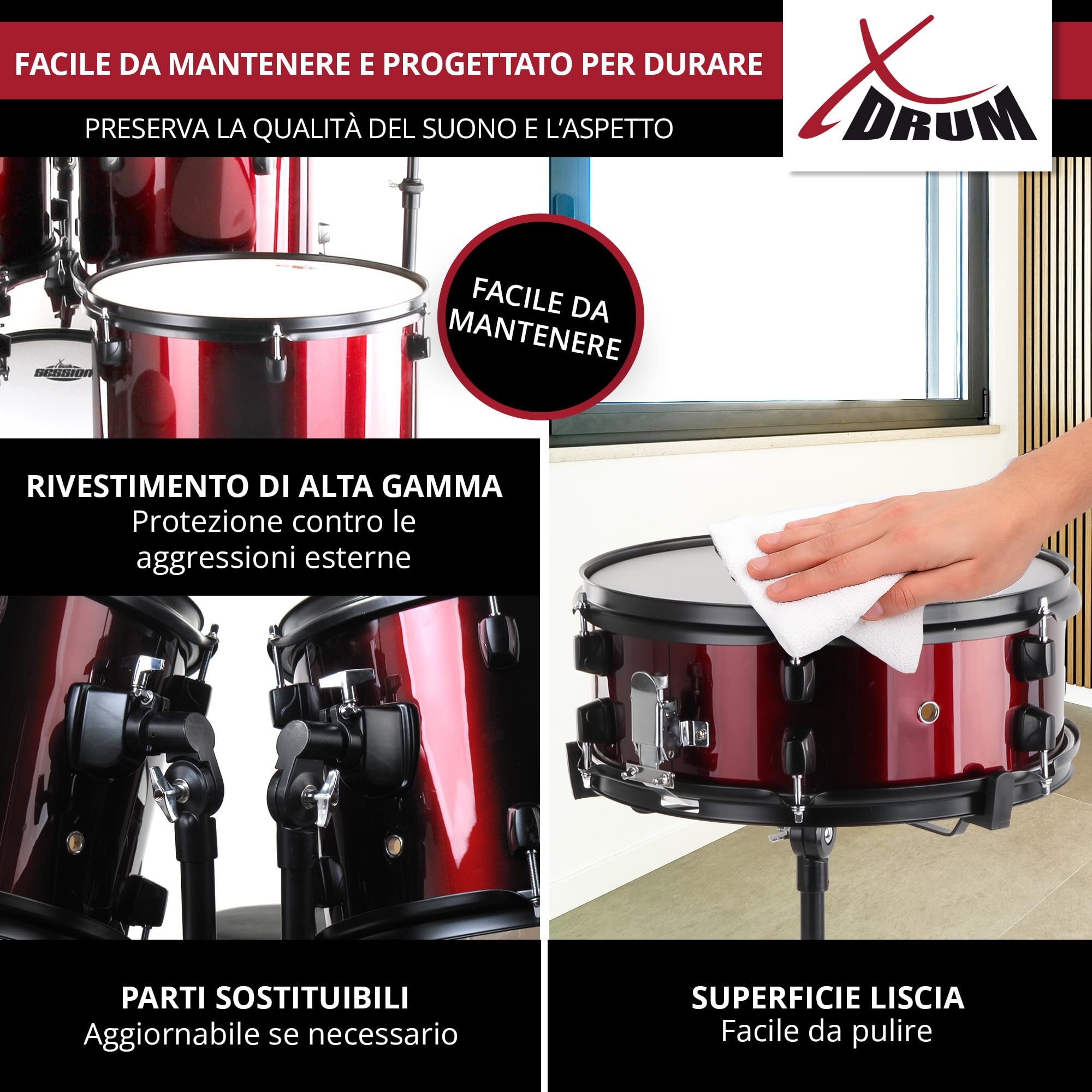 XDrum Rookie 22" Standard Set Batteria Completa Ruby Red - Ideale per Principianti - Hardware Elegante in nero - Incl. Bacchette 5B, Istruzioni di Montaggio e Scuola di Batteria - Rosso