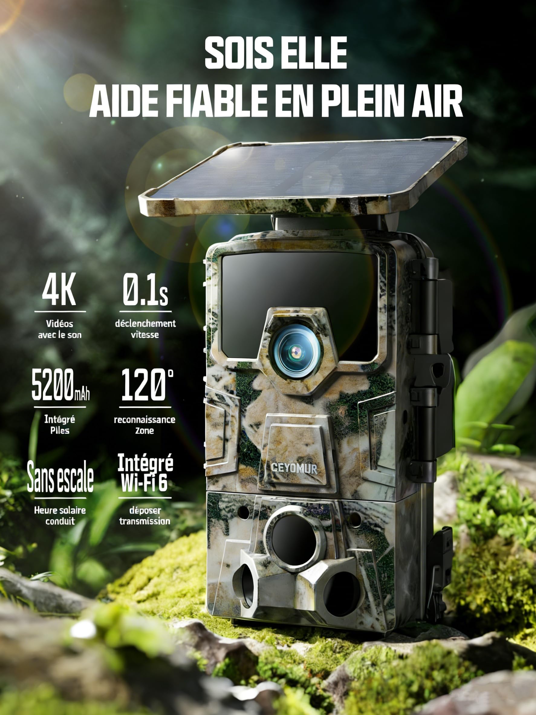 CEYOMUR Solaire Camera de Chasse, 4K 64MP 30fps WiFi 6 Caméra de Chasse | Carte SD 64GB, 0,1s Activée par Mouvement, IP66 Étanche Vision Nocturne, 5200mAh Batterie Rechargeable