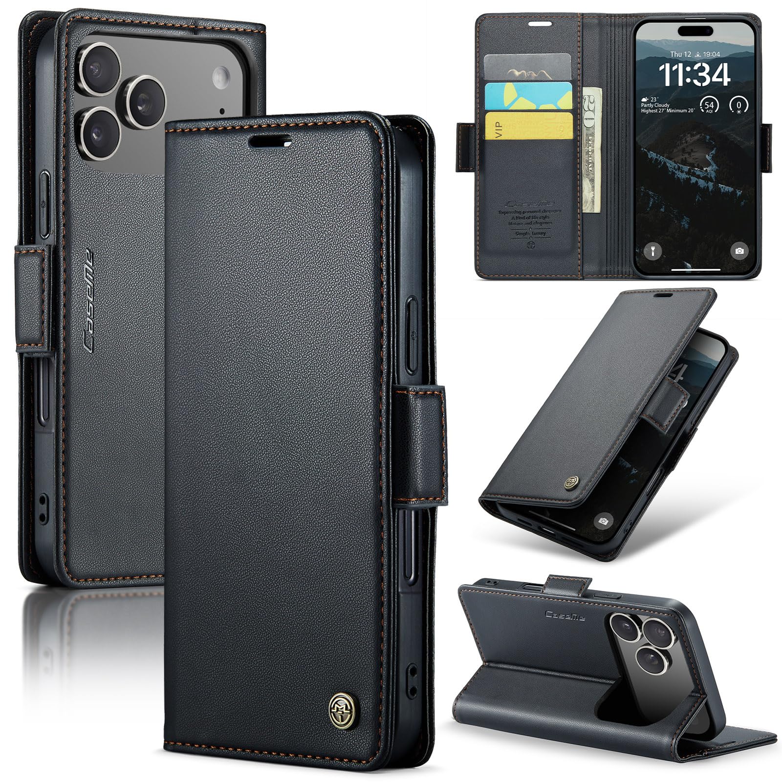 Cover for iPhone 17 Pro Wallet Case [RFID Blocking] Premium PU Leather Wallet Case Flip Book Case with Card Holder Slot Stand Flip Case for iPhone 17 Pro, Black - 1