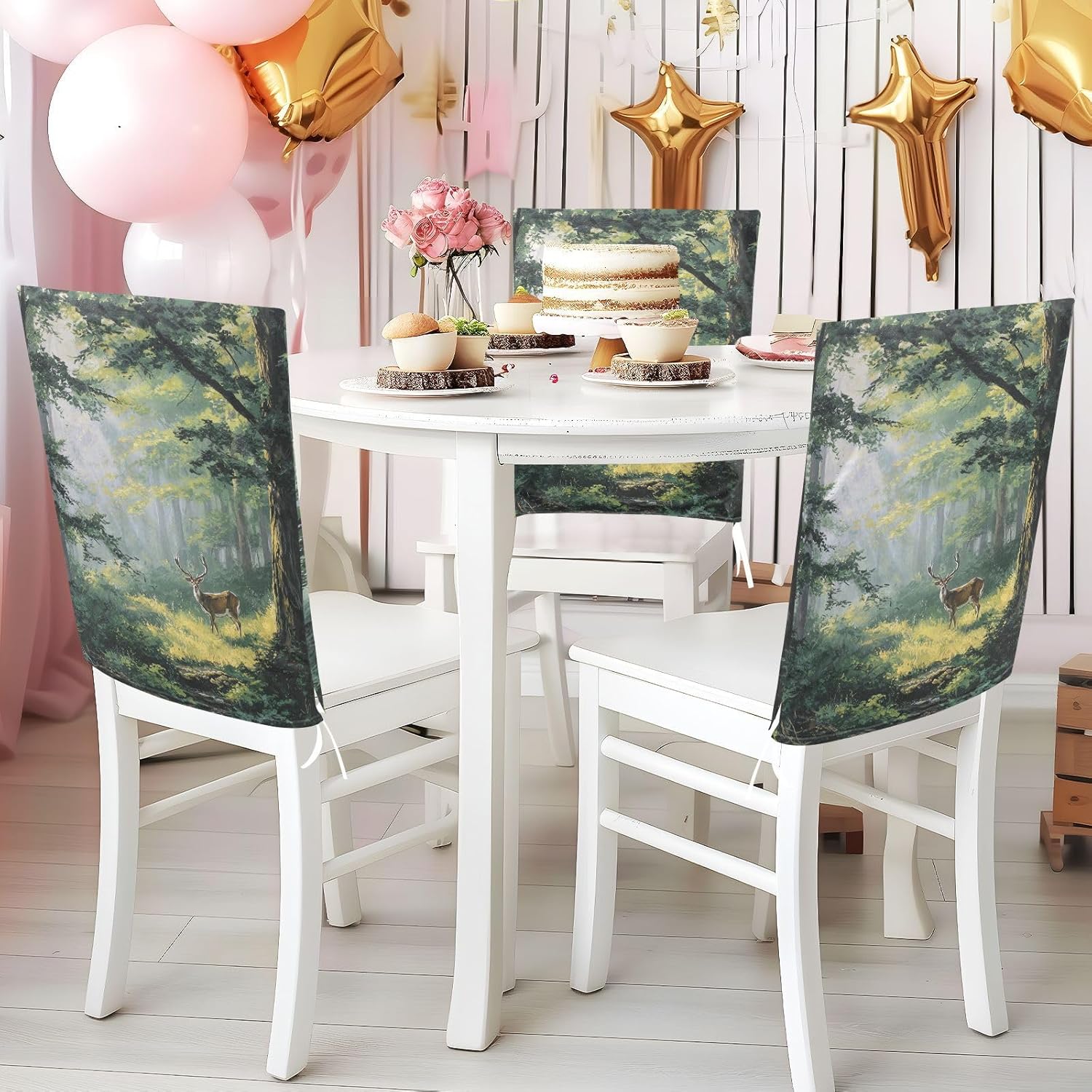 ALAZA Deer in Spring Forest Chair Back Cover Set of 6, Washable Reusable Removable Chair Slipcovers Decorative Chair Cover for Home Kitchen Wedding Party