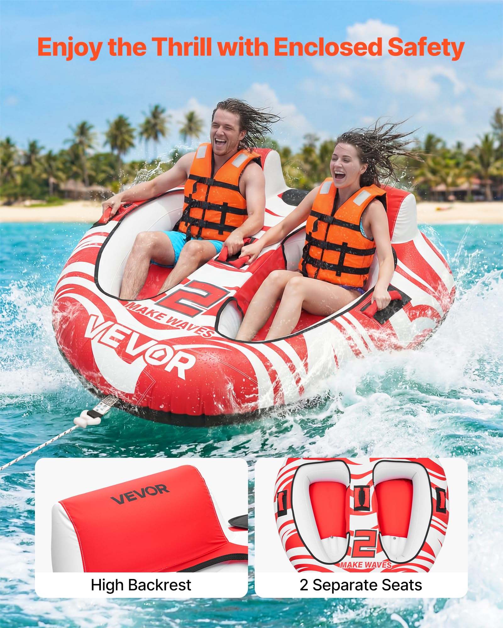 VEVOR Flotador de Arrastre Inflable para Deportes Acuáticos 163 x 160 x 56 cm, 2 Personas, 154 kg, Rojo