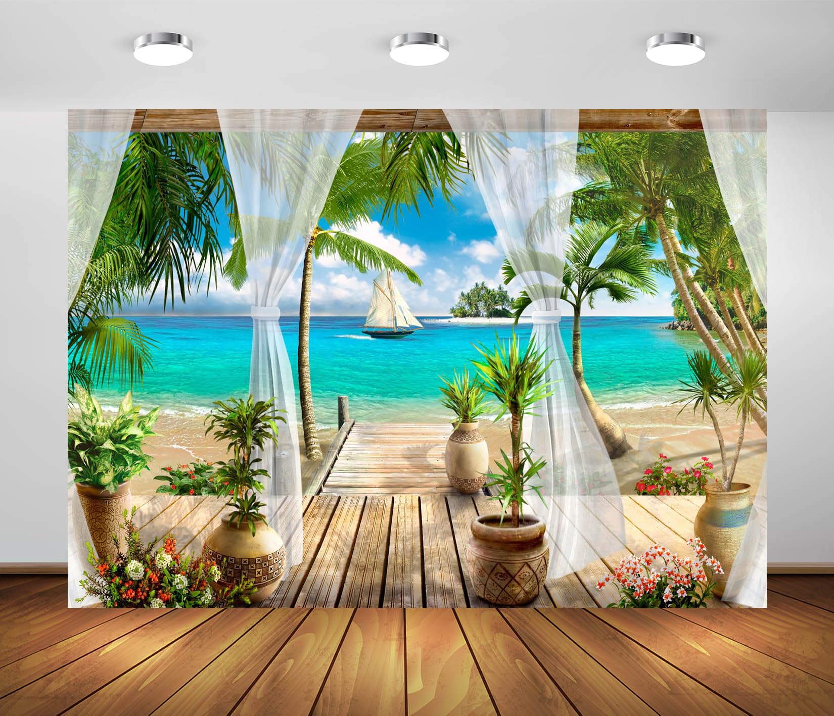 BELECO 9x6ft Fabric Tropical Sea Backdrop Paradise Beach Villa Terrace View Palm Trees Blue Ocean Island Sailing Boat Background Summer Theme Party
