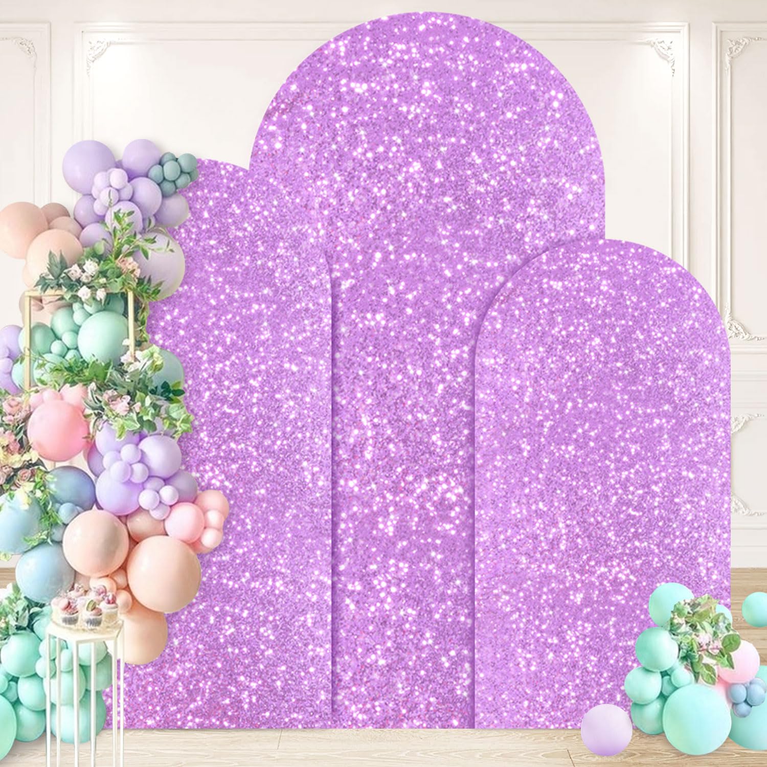 PATYDEST Set of 3 Wedding Arch Cover 7.2FT 6.6FT 6FT Lavender Spandex Arch Backdrop Stand Cover Sparkly Sequin Arches Covers Stretchy Backdrops Baby