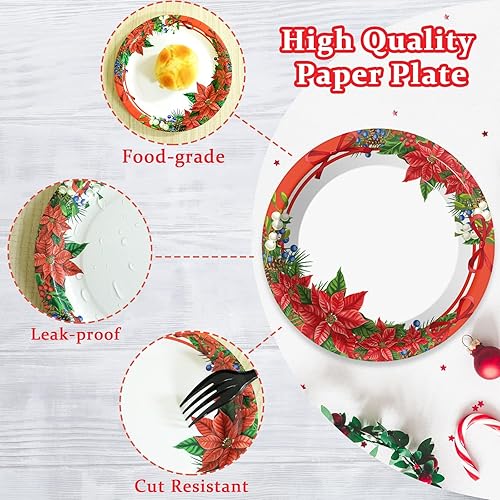 Miniatura 3 de chiazllta 48 PCS Christmas Party Paper Plates Supplies Disposable Christmas Poinsettia Party Dessert Plates XmasThemed Party Favors Decorations for