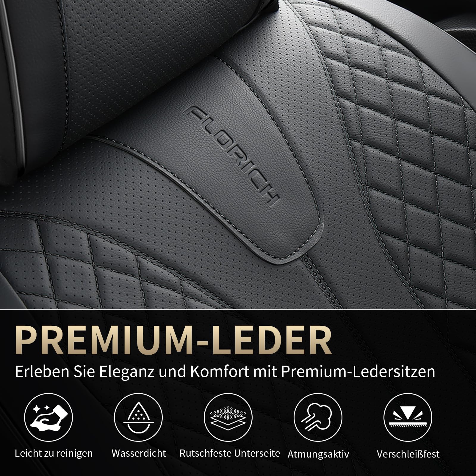FLORICH Fundas Universales para Asientos de Coche para los Asientos Delanteros y Traseros, Fundas de Cuero Impermeables, Aptas para la Mayoría de Turismos, SUV (Juego Completo, Negro)