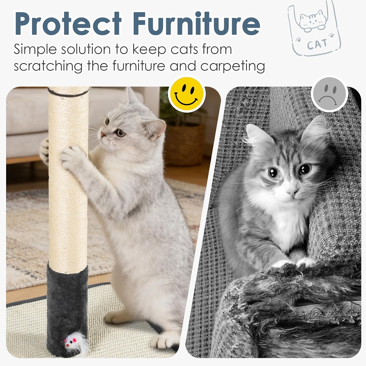 30 in Tall Cat Scratching Post,Thick Natural Sisal Scratcher with 15.8" Large Sisal Base, Interactive Hanging Pom-pom Ball & Plush Mouse Toy, Stable Cat Furniture of Indoor Cats