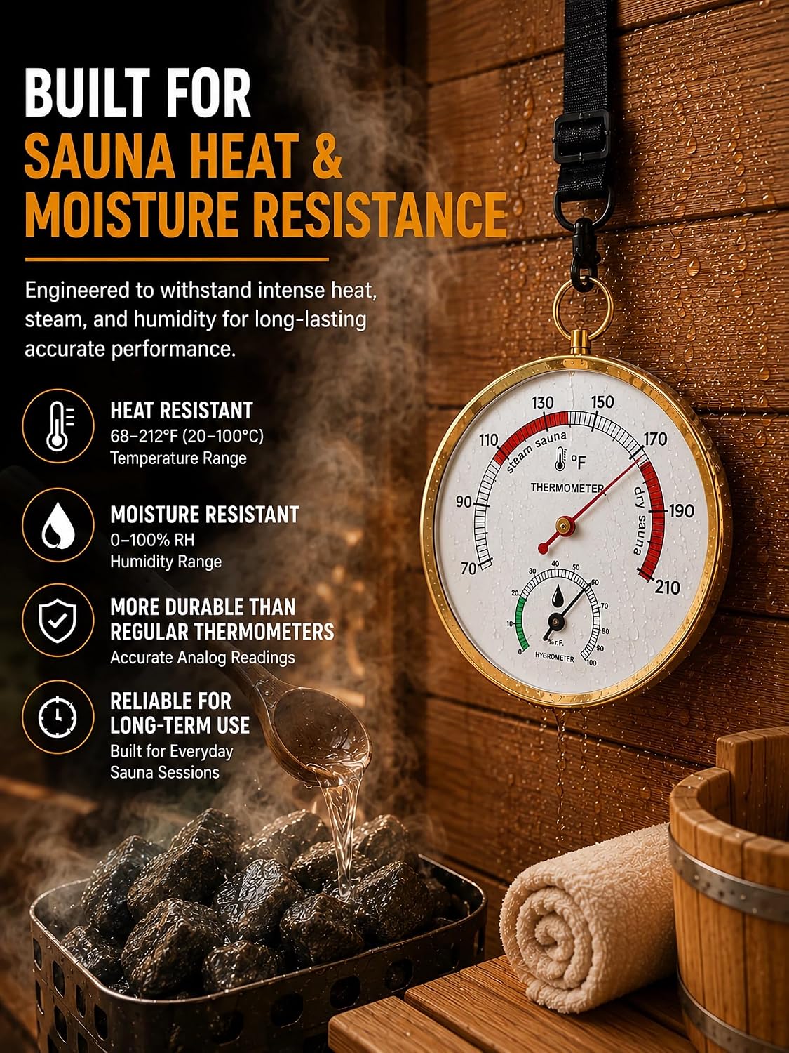 Hanging Sauna Thermometer Fahrenheit and Hygrometer, Analog Sauna Temperature Gauge with Upgraded Lanyard, Easy-to-Read Thermometer for Sauna, Portable Steam & Infrared Sauna Accessories image 5