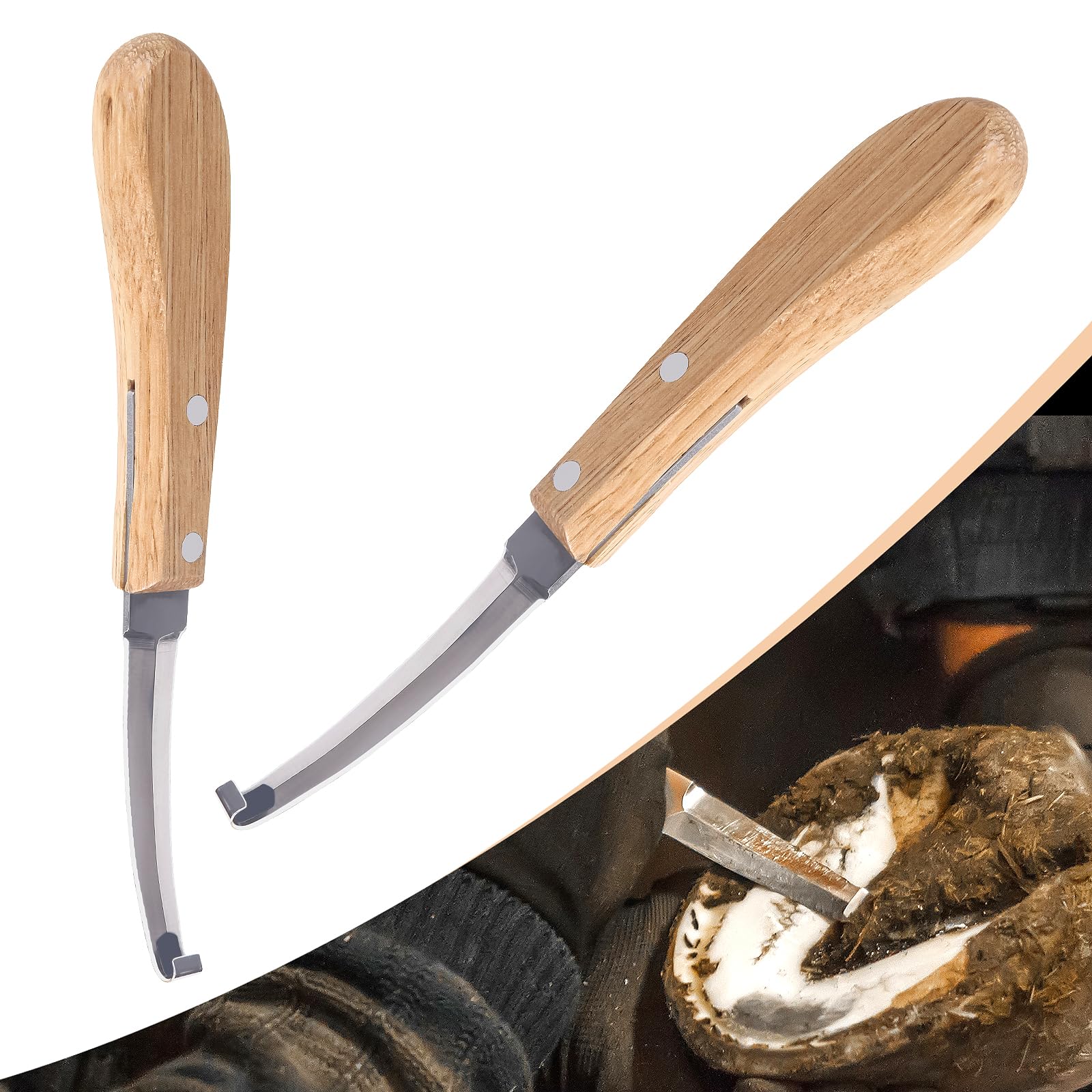 2 Pack Double Edged Hoof Knife with Wooden Handle Stainless Steel Blade for Hoof of Horses Cow Donkey Hoof Knife Trimming Tool(Double Edged)