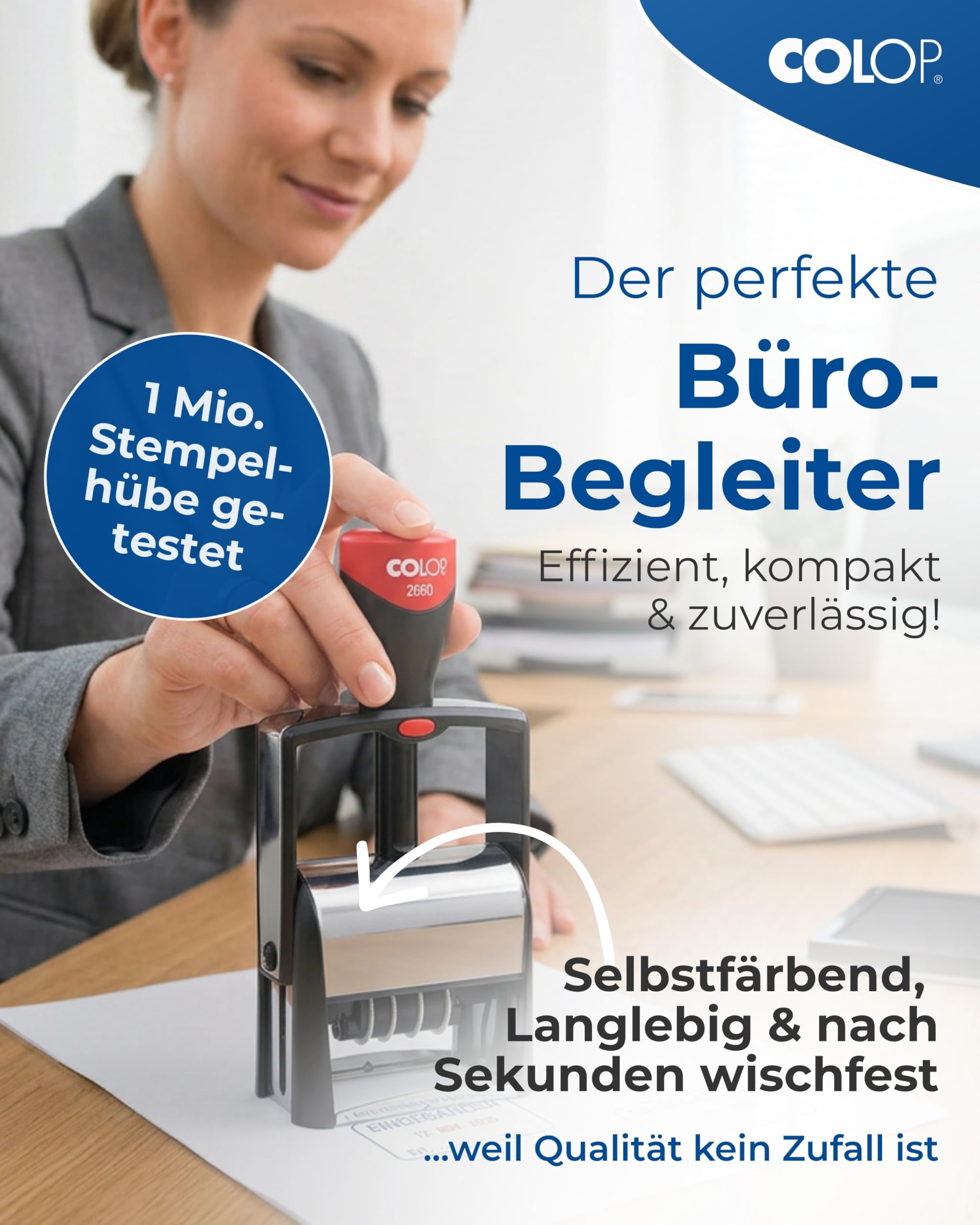 Colop 2660 Datumstempel mit Text EINGEGANGEN Datum deutsch Abdruck blau/rot im Karton 135867 klein | Abdruck 37 x 58 mm I selbstfärbender Bürostempel mit integriertem Stempelkissen blau/rot I ideal für Bürobedarf