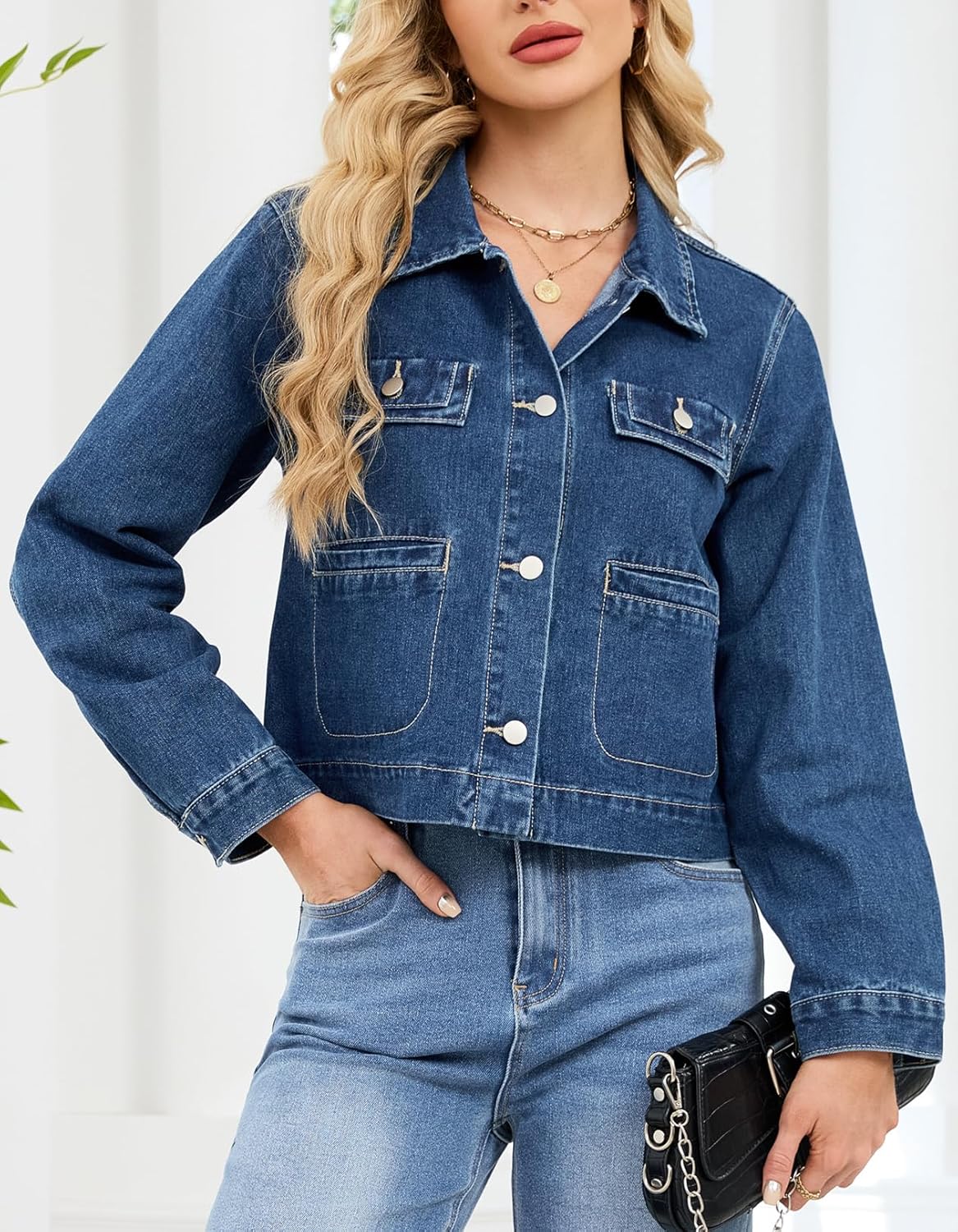 Ladyful Women's Denim Jacket Cropped Button Down Lightweight Long Sleeve Fitted Jean Jacket Coat with Pockets - Image 4