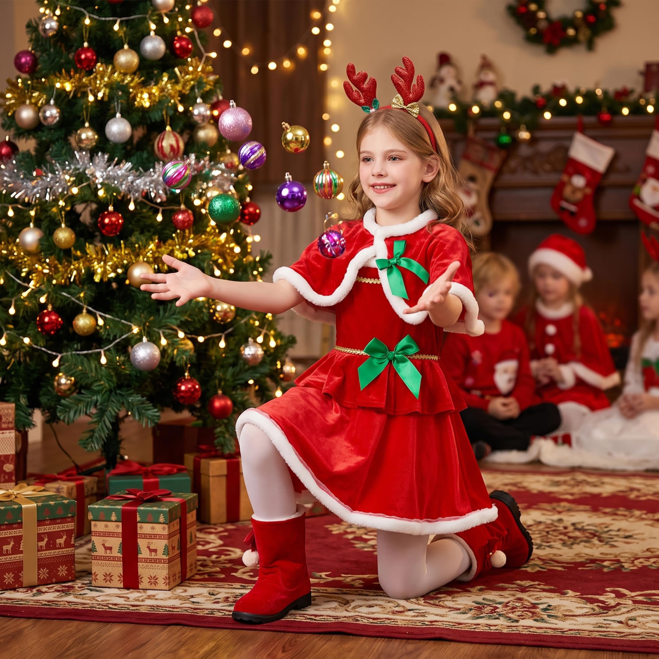 Abiti natalizi per ragazze, costume da Babbo Natale per bambini con fascia per capelli con corna per feste, foto, cosplay, 110 cm