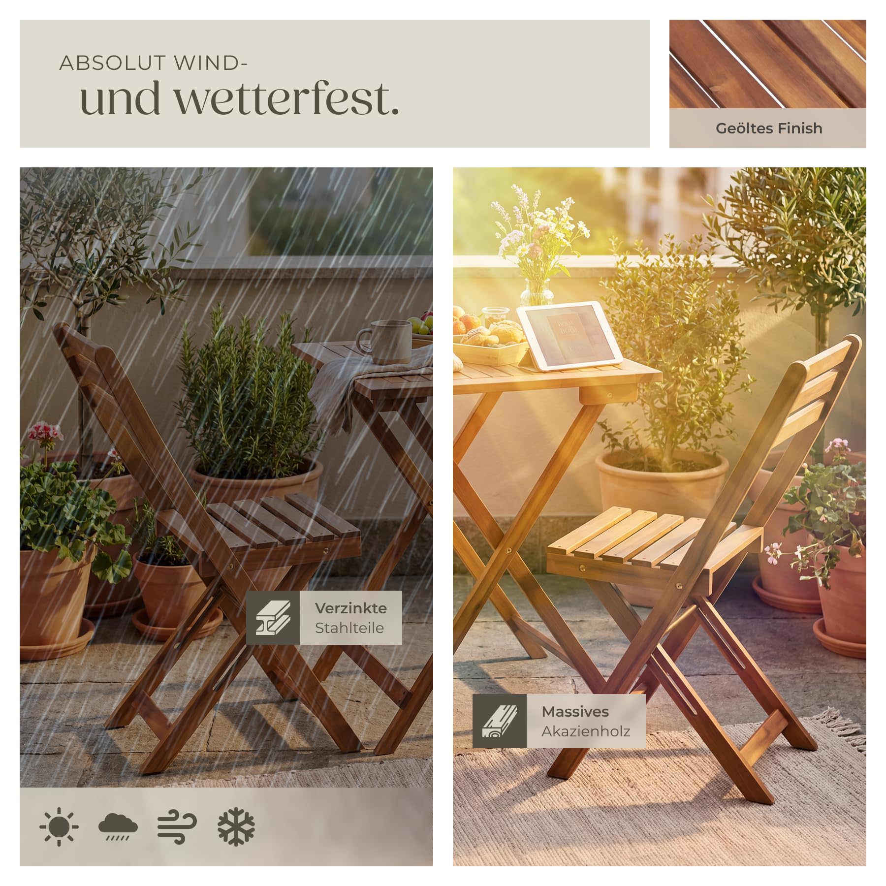 tectake® Bistroset für 2 Personen, klappbar, wetterfestes Akazienholz, Massivholz, vormontierte Bistrogarnitur, Belastbarkeit Stuhl 110 kg, Gartenmöbel Set, Balkon Möbel, Terrassen Möbel, Sitzgruppe
