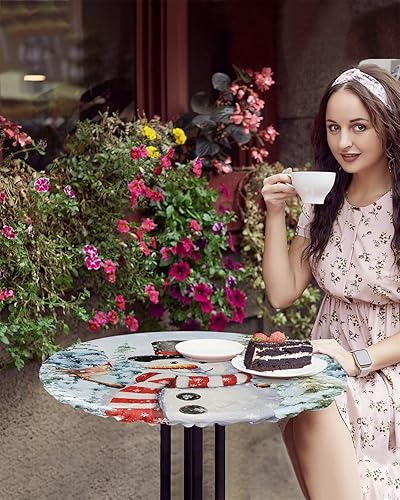 Miniatura 4 de Mantel redondo elástico de Navidad, mantel ajustable de invierno con diseño de muñeco de nieve, copo de nieve, bosque, para mesa redonda, a prueba