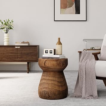 HOMPUS Outdoor Side Table with Round Checkerboard Wood Grain Tabletop