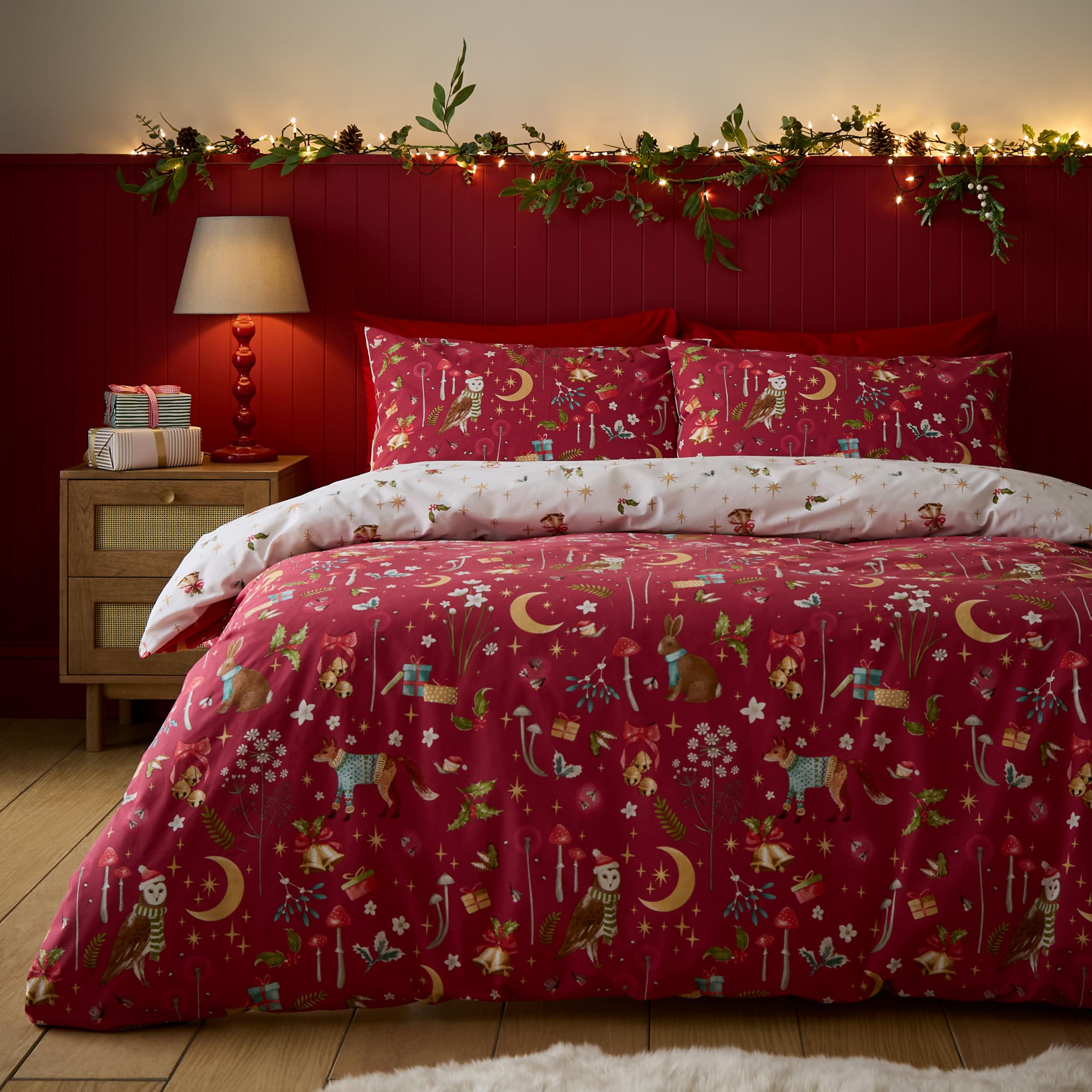 Catherine Lansfield Christmas Enchanted Twilight Single Duvet Cover Set Red
