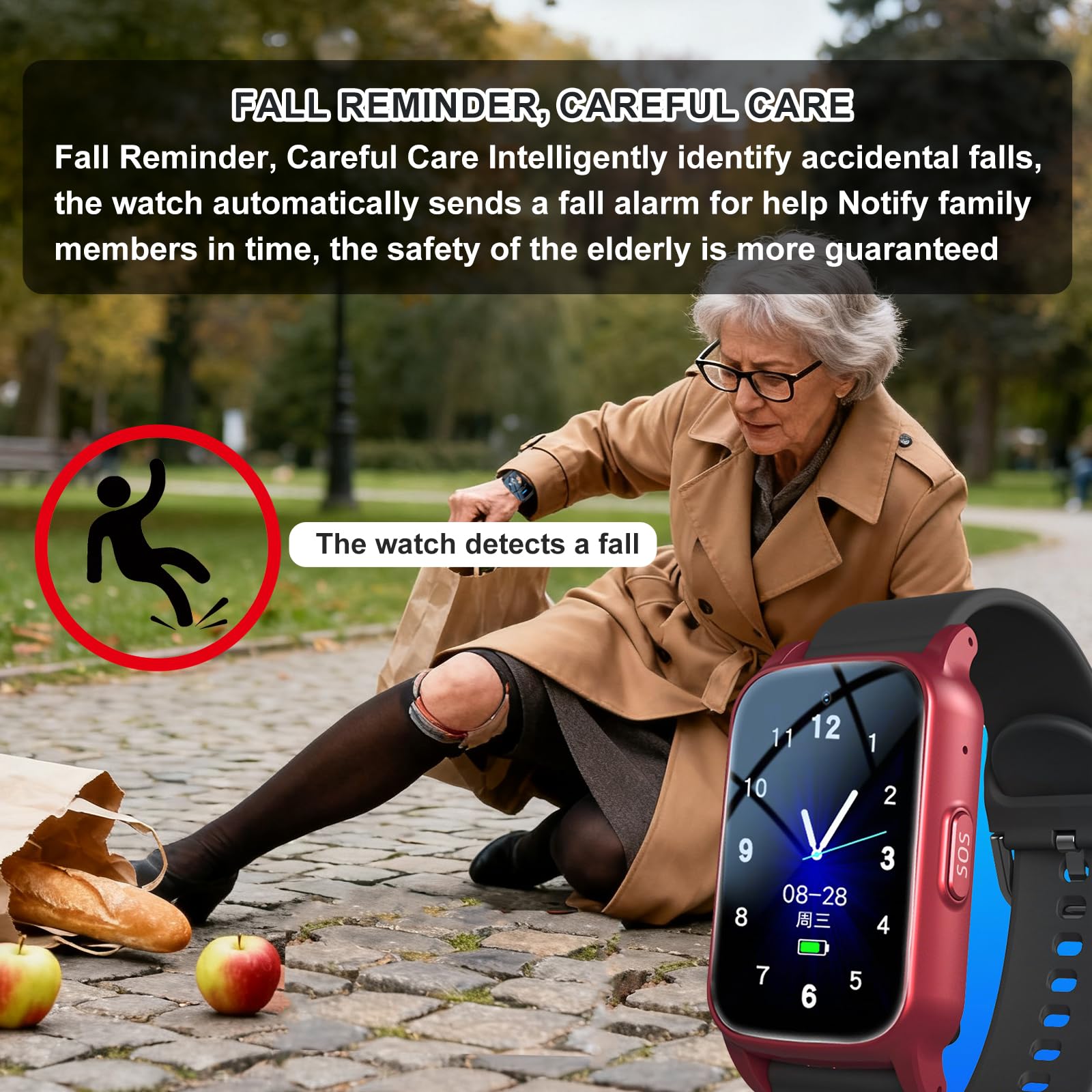 Intelligente Con Rilevamento Delle Cadute Bracciale Sos Orologio Salvavita Per Anziani Orologio Con Rilevamento Cadute Videochiamata HD Chiamata Vocale HD PulsanteBlack,1.25 * 0.57 * 2.22inch