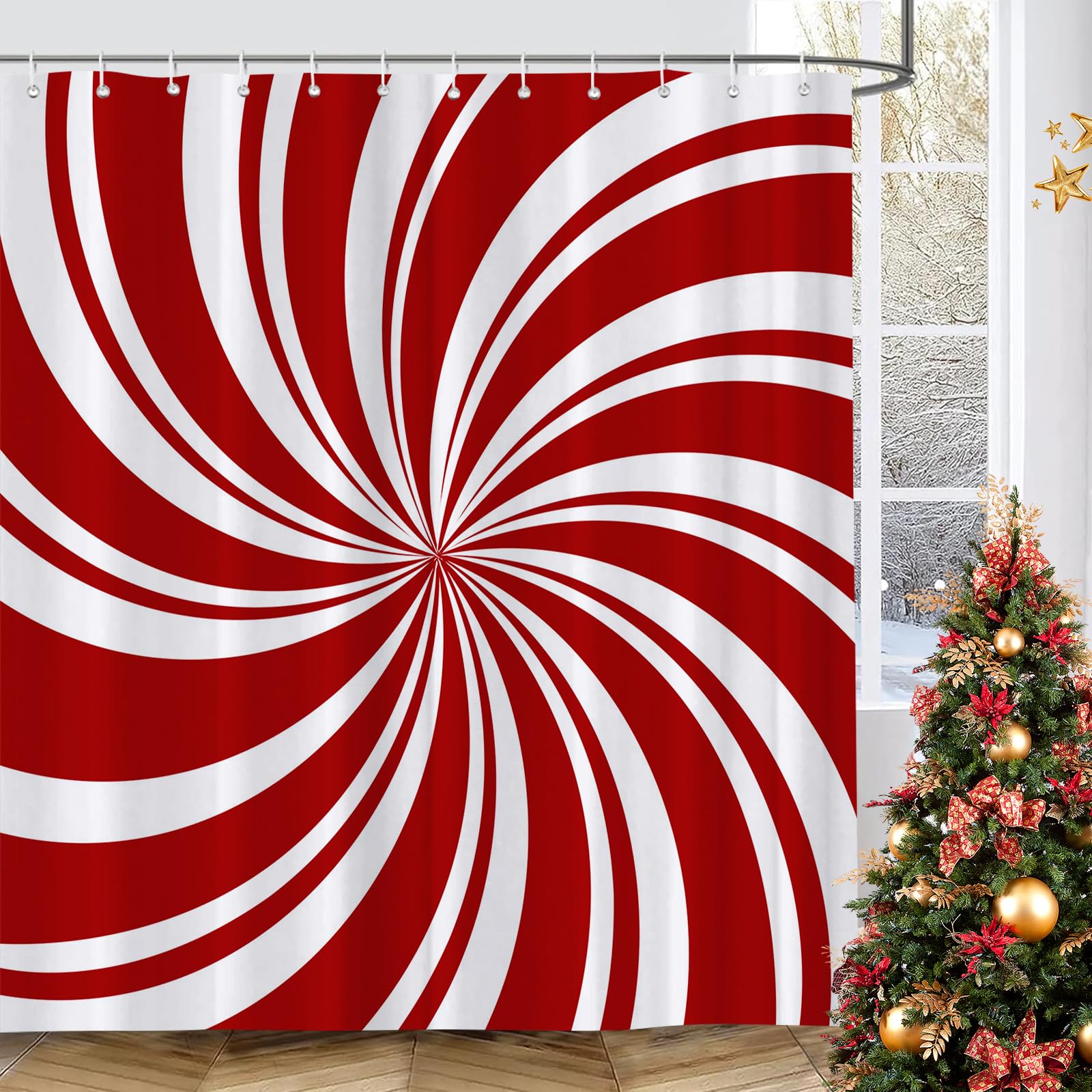 Qucarder Red Swirl Christmas Shower Curtain Sweet Candy Cane Double Swirl Red and White Bath Curtain Waterproof Shower Curtains for Bathroom Decor 180x180cm