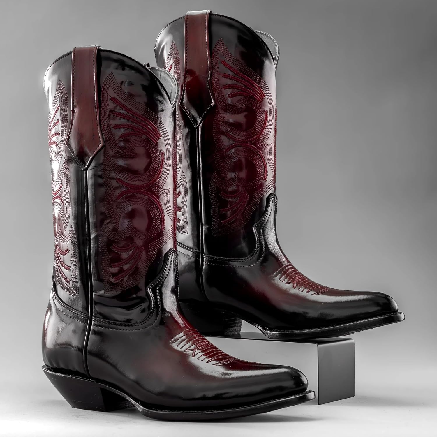 Men’s Genuine Leather Chameleon Design J-Toe Cowboy Western Boots - Burgundy