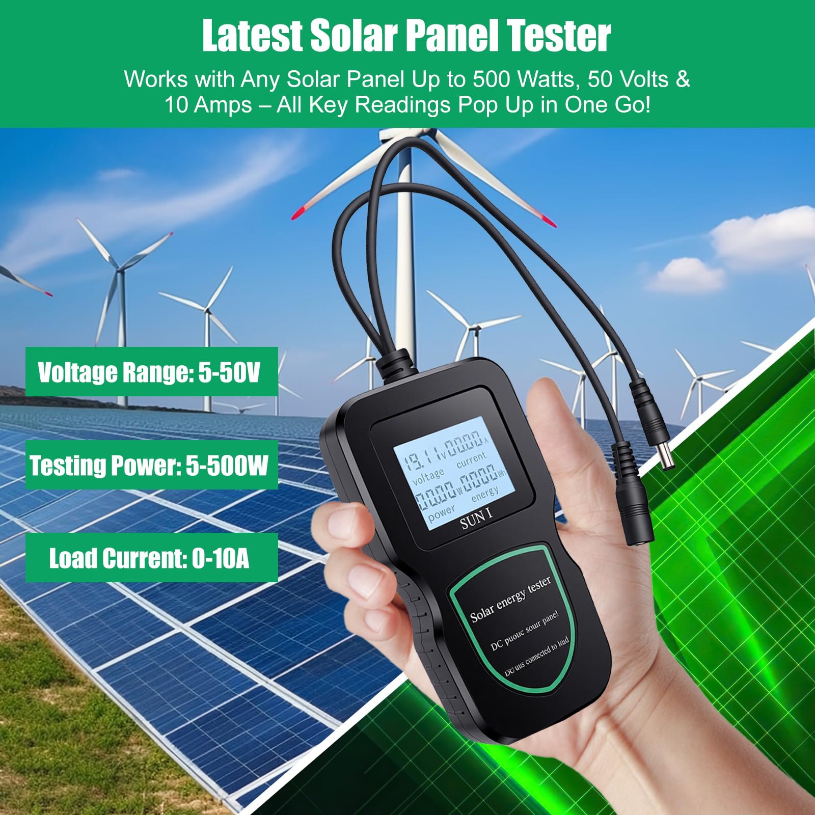 Tester per pannello solare fotovoltaico, multimetro per pannello solare, IP67 impermeabile, 500w, display LCD, dati in tempo reale, aggiornamento Mppt, tester per l'installazione e la manutenzione di