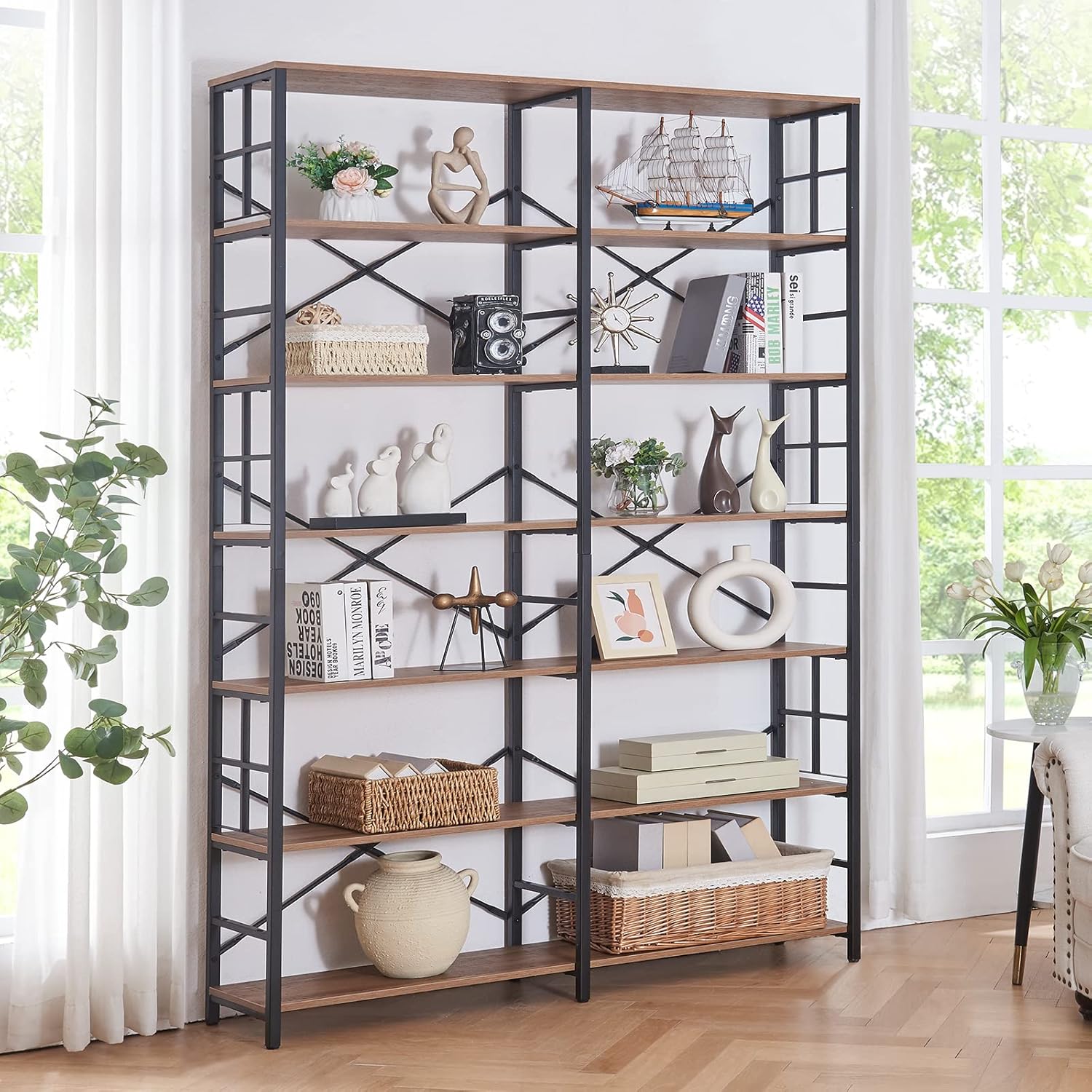 HOMISSUE Bookshelf, Industrial Double Wide 7-Tier Bookshelves, 84" Tall Bookcase with Open Shelves, Heavy Duty Bookcases with Storage for Living Room Home Office, Rustic Brown