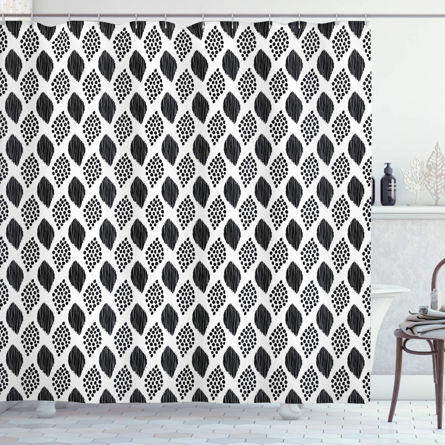 ABAKUHAUS Black and White Shower Curtain, Scribble Pattern with Abstract Black Dotted Leaves on White Background