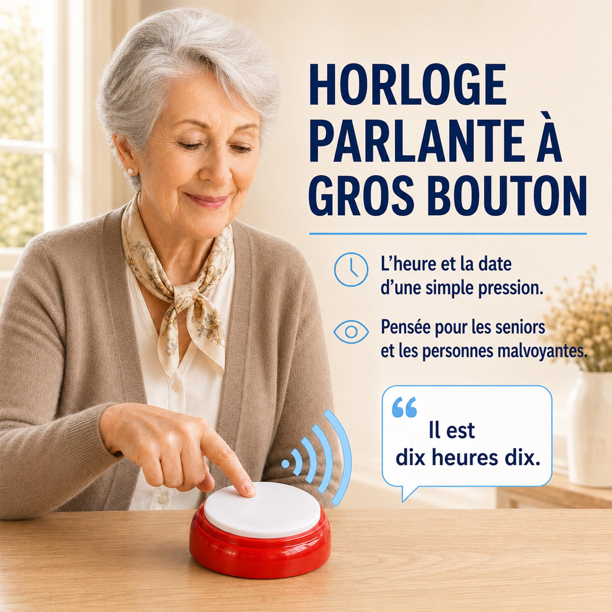 Horloge Parlante à Boutons Voix Française Claire, Réveil,12/24H | Voix Française Claire et Facile à Comprendre, Avec Réveil Sonore - Idéale pour Malvoyants, Aveugles et Personnes Agées