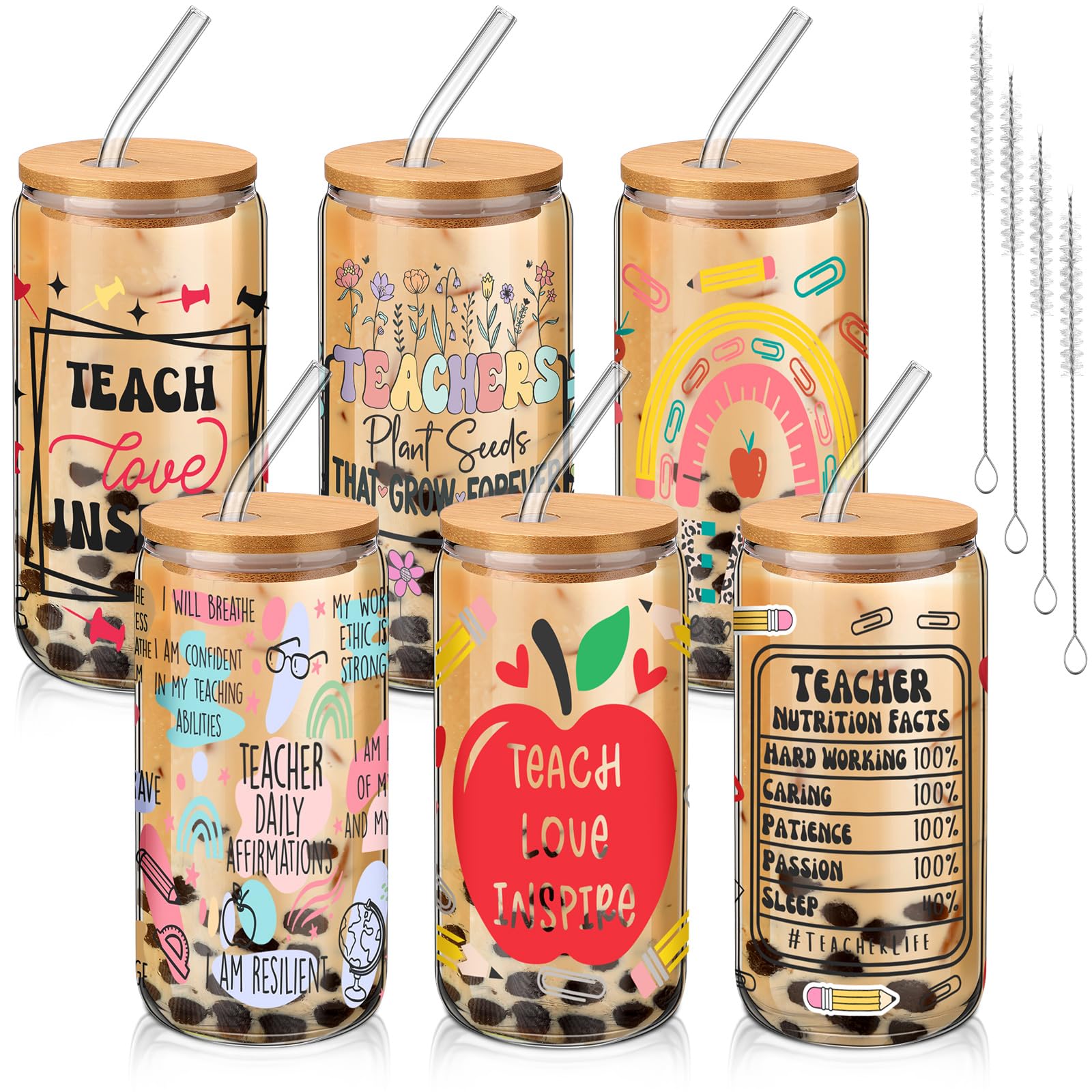 SiliFine 6 Pcs Teacher Gifts for Women 16 oz Teachers Glass Cups with Lid and Straw Christmas Can Shaped Drinking Cups for Thank You Gifts Party Favor