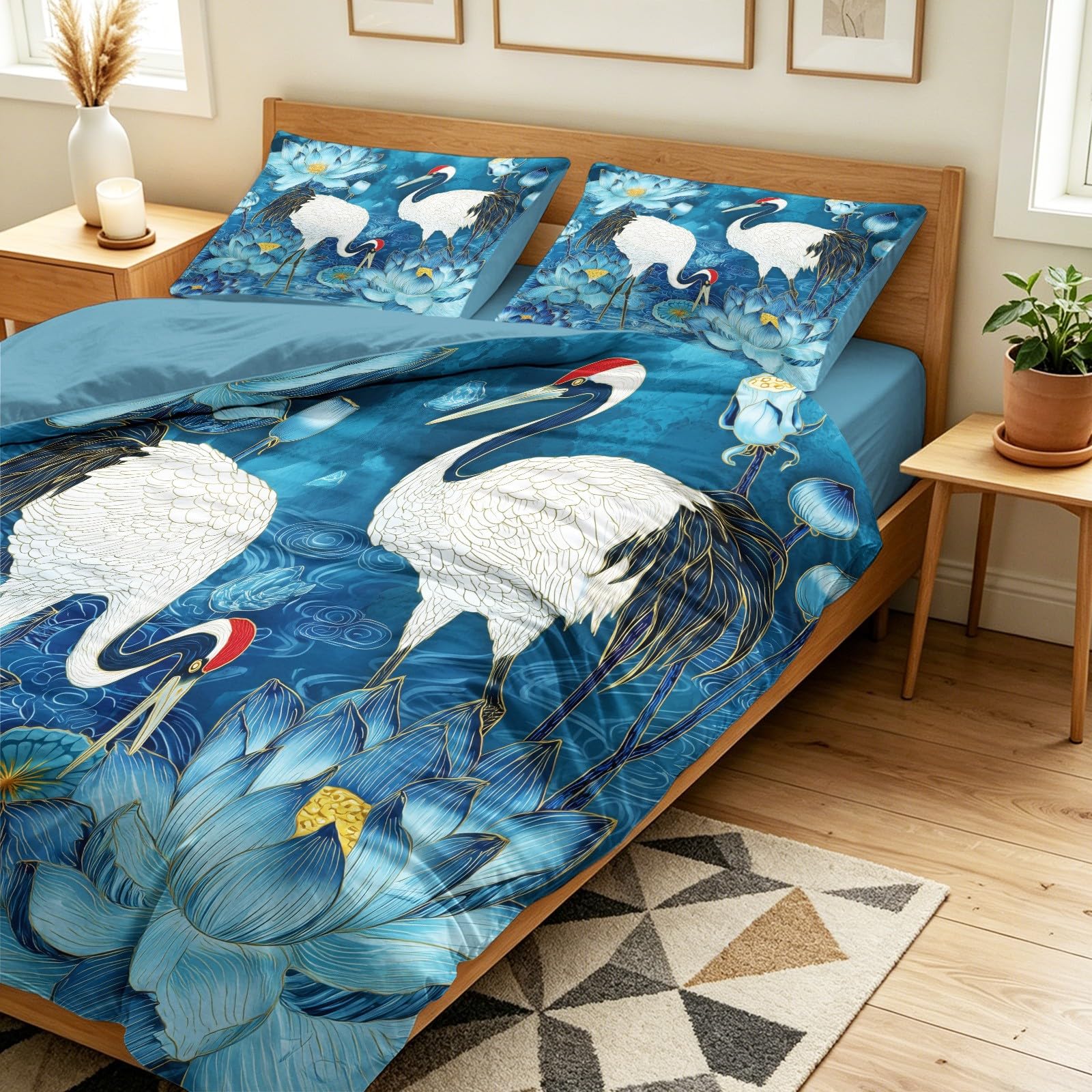 Générique Poszwa na kołdrę 260 x 240 cm artystyczny orientalny, komplet pościeli 2-osobowej, prześcieradło z gumką, żuraw lotosowy 4-częściowy zestaw pościeli z 2 poszewkami na poduszki