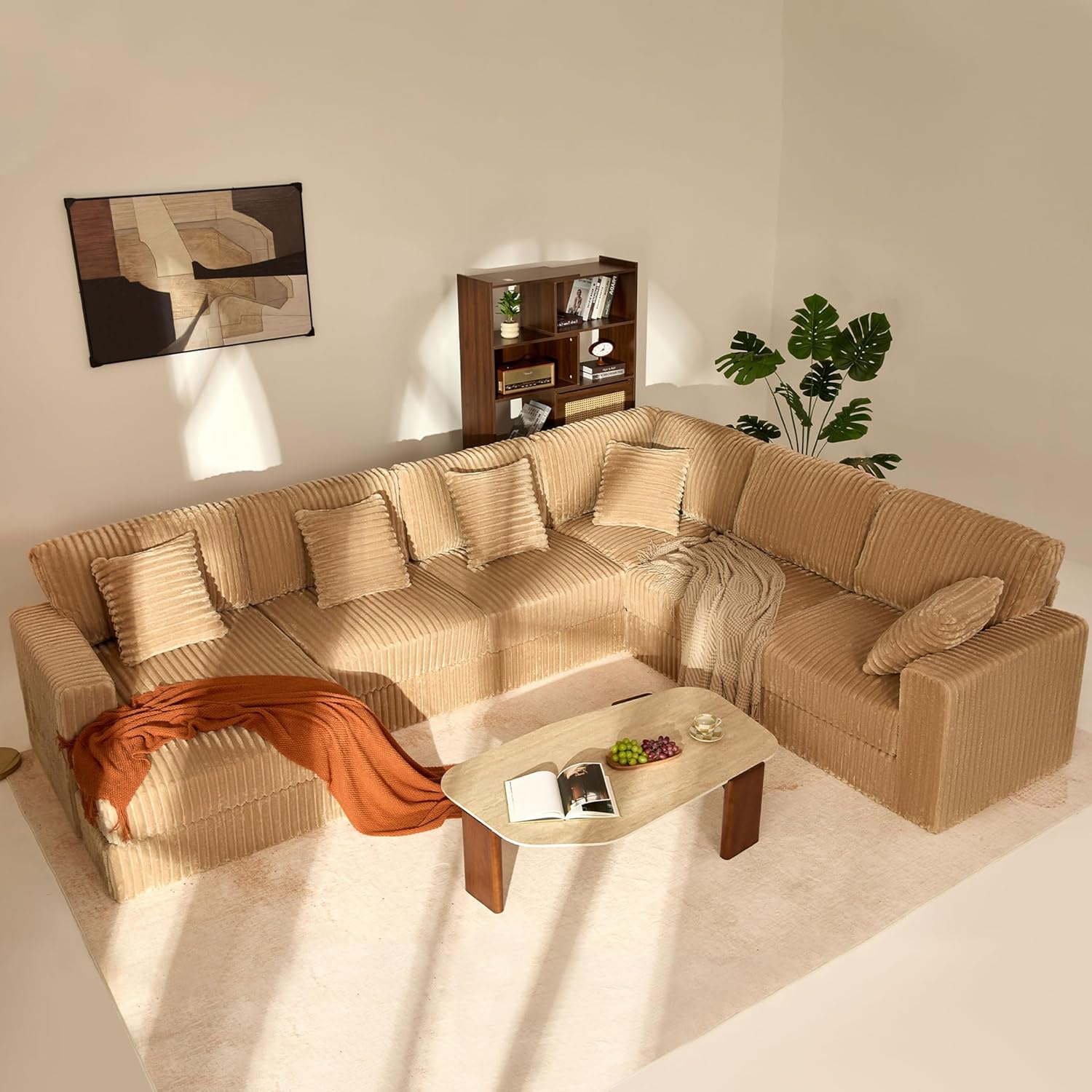 Cloud Couch 139" U-Shaped Couch(Not Boneless), Oversized 7-Seater Modular Couch, Queen Sofa with Corduroy Upholstery, Deep Seats, Pocket Spring Cushions for Living Room, Left Facing Chaise, Camel