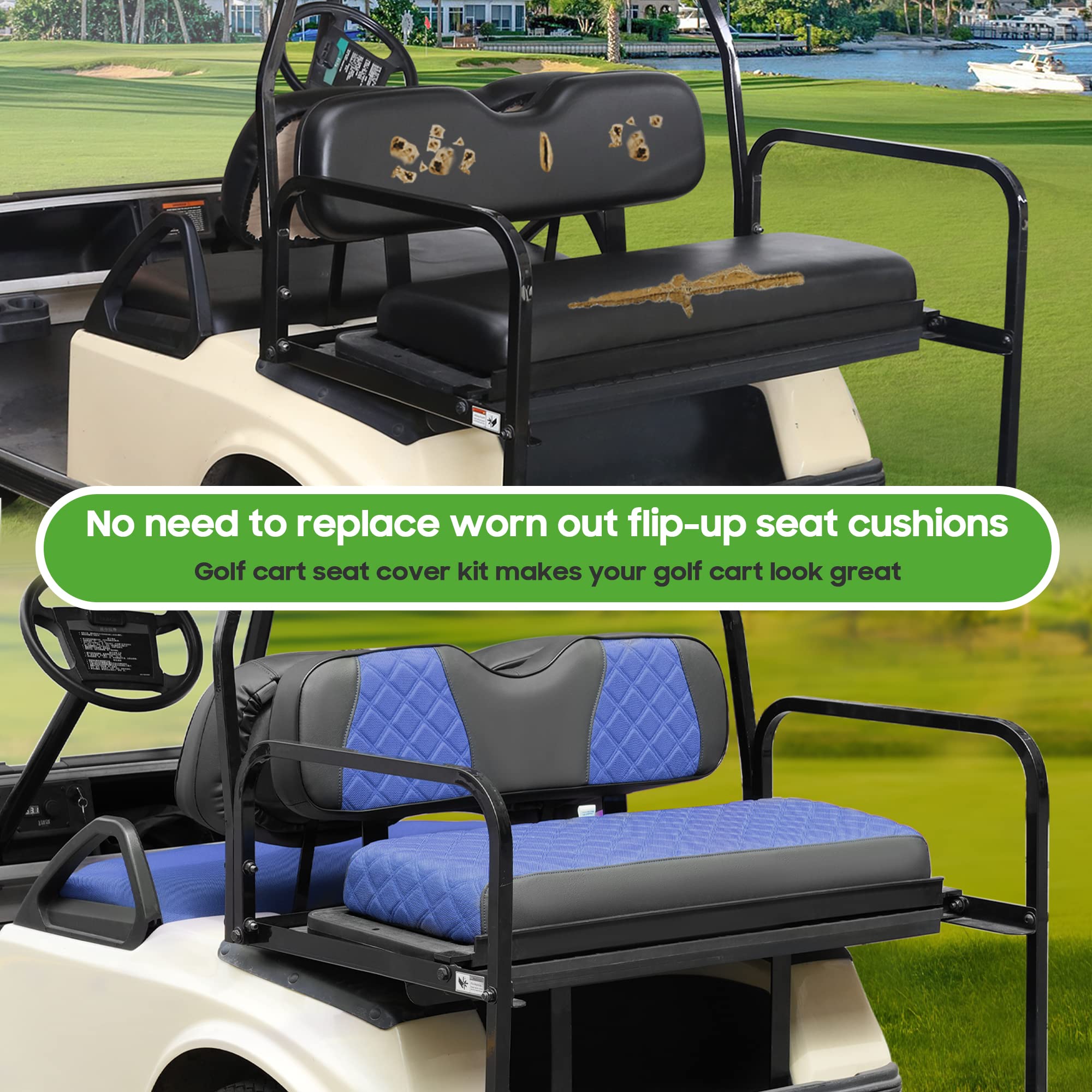 10L0L Universal Golf Cart Rear Seat Cover, Jacquard Fabric with PVC Artificial Leather, XS Back Seat Cover for Yamaha, EZGO, Club Car, Black+Blue