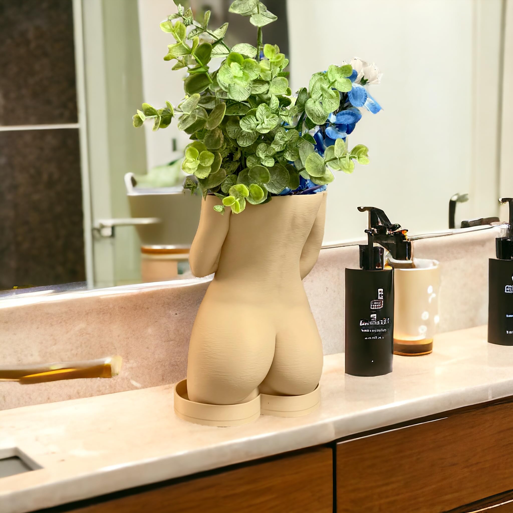 Female Body Planter, Shy Woman Plant Pot, Body Vase, Plant Lover Gift with Drainage Hole and drip Tray (Sand Beige Color)