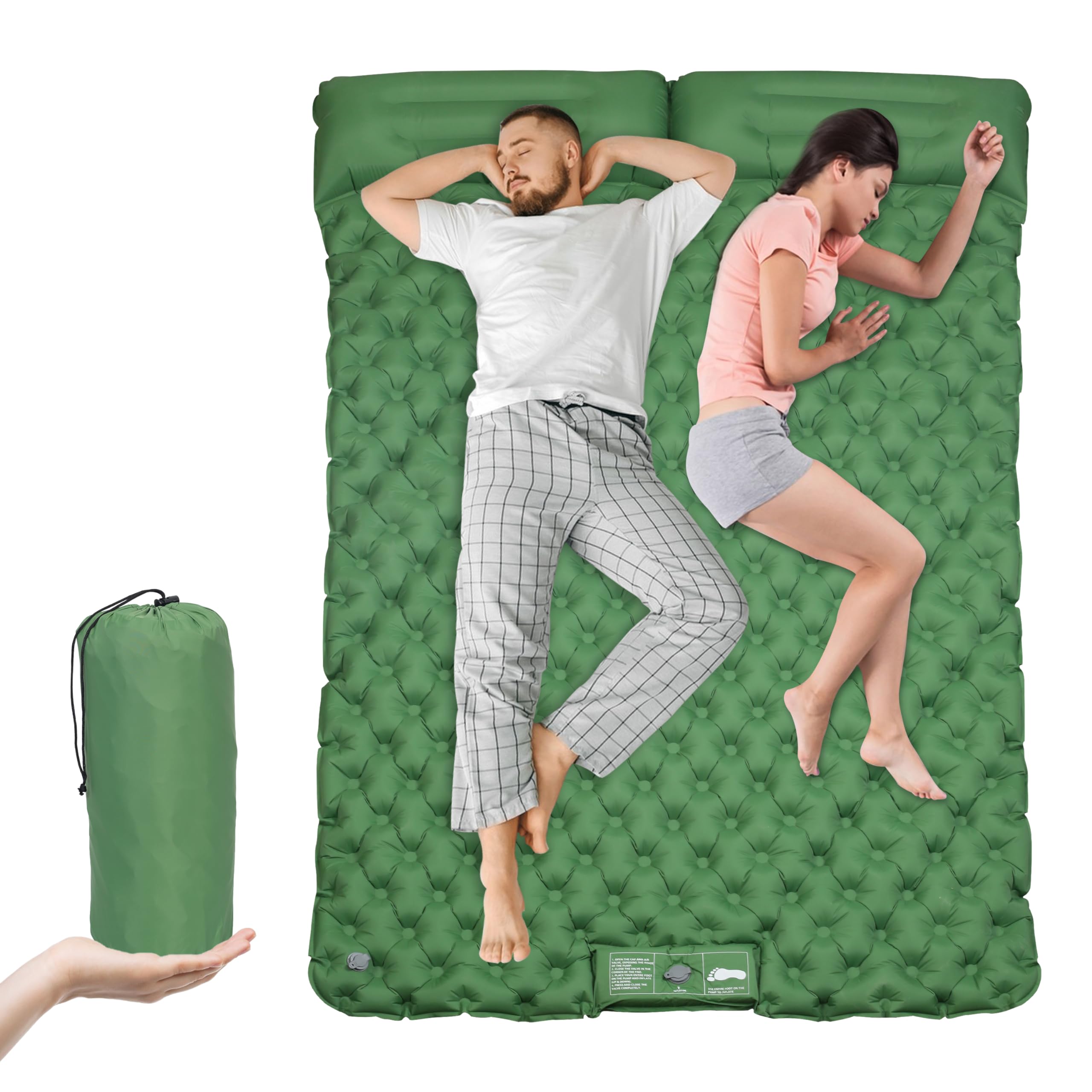 2 Person Self-Inflating Sleeping Mats for Camping Camping Sleeping Pad,4"Thick Inflatable Camping Mattress with Built-in Foot Pump&2-Person Pillow,Quick Inflate Sleeping Pad for Camping,Backpacking
