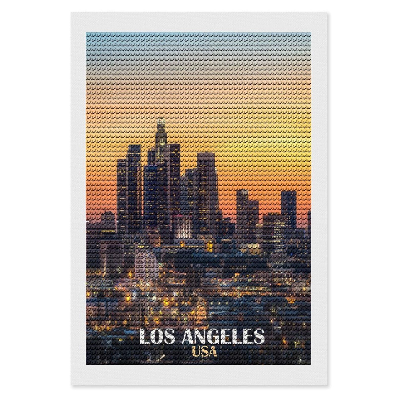 Junmoney Los Angeles Skyline at Sunset(2) Full Drill Diamond Painting Kit 8"x12", Sparkling Round Gems, Decorate Your Room, Mindful Craft Activity