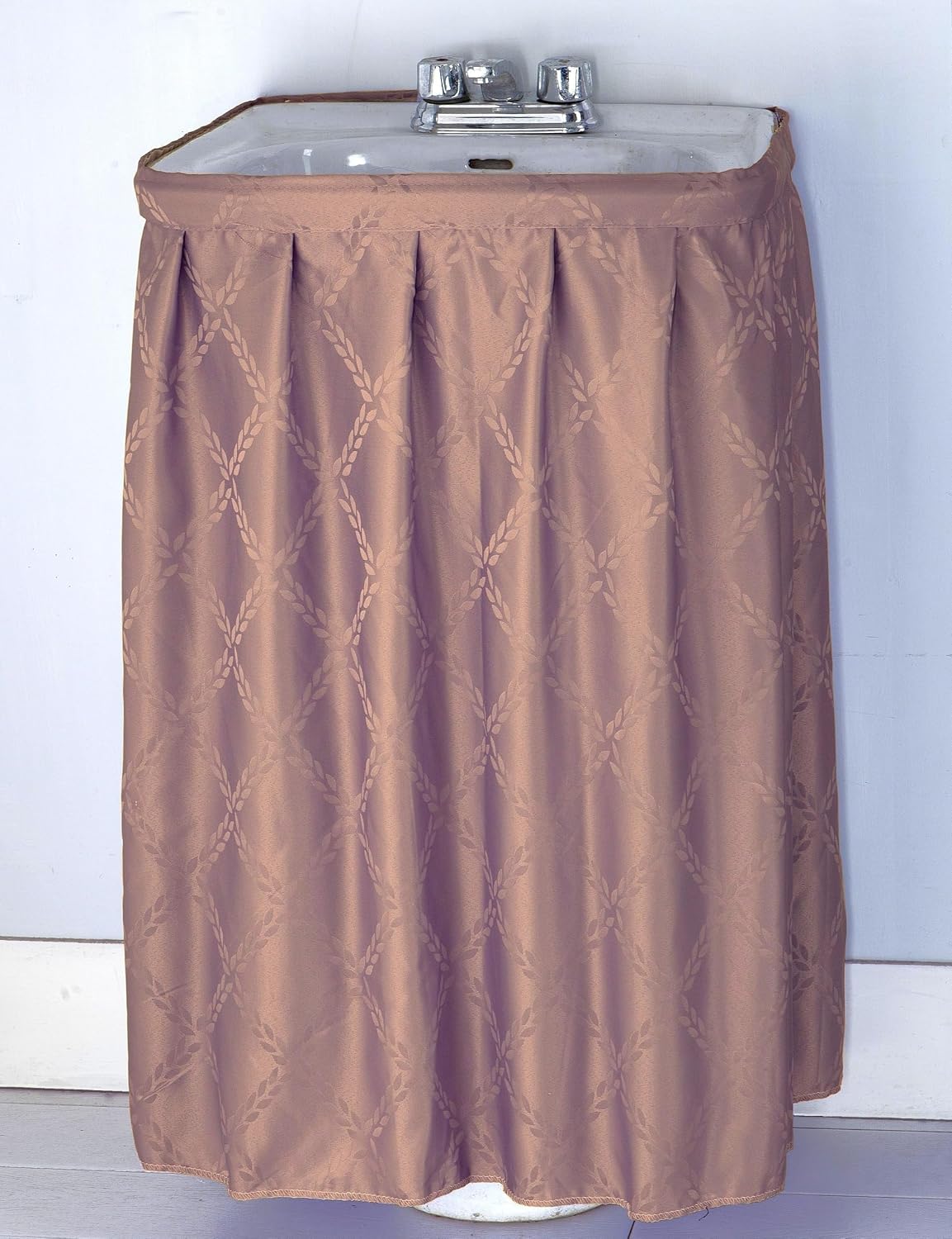 Fabric Sink Skirt Intersecting Leaves Pattern, Self Adhesive Water Repellent Vanity Cover (Tan Gold)
