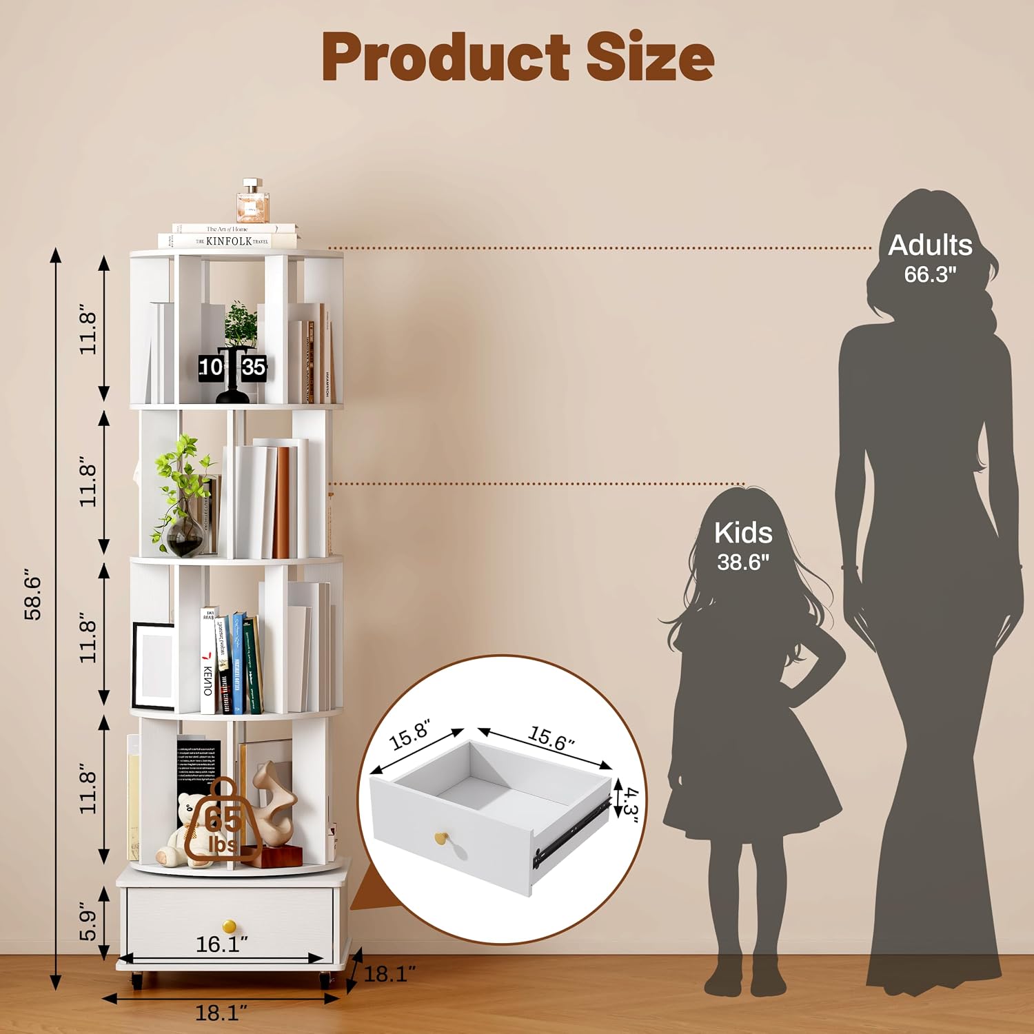 4 Tier Wood Rotating Bookshelf, 360° Spinning Bookshelf Tower with Lockable Wheels, Round Revolving Bookcase for Bedroom, Small Space, Corner, Office, Reading Nooks, Hallways, White
