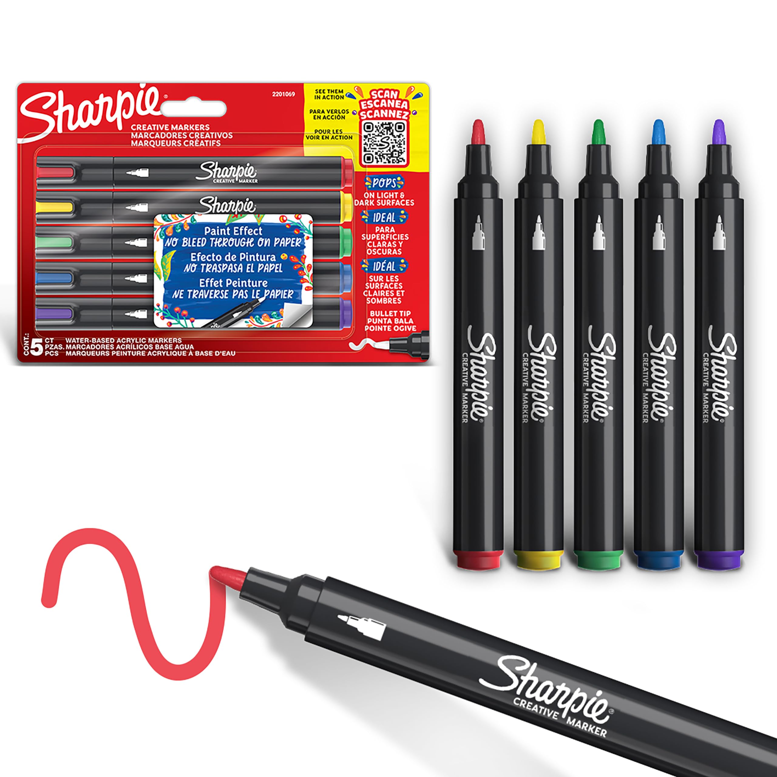 Rotuladores acrílicos creativos de Sharpie | Rotuladores al agua con punta de bala | Tinta sin borrones | Escribe en la mayoría de superficies | Colores surtidos | 5 unidades