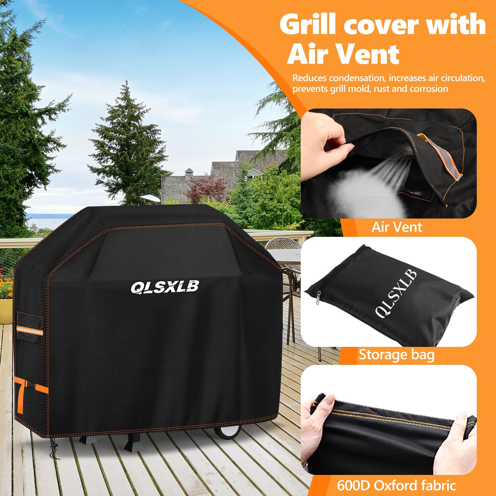 Copertura Barbecue da Esterno, Robusto Tessuto Oxford 600D Telo Impermeabile Protettivo 147x61x122cm, Copri Griglia BBQ con Sfiato Aria Antivento Anti Pioggia Polvere Sole Neve Nero