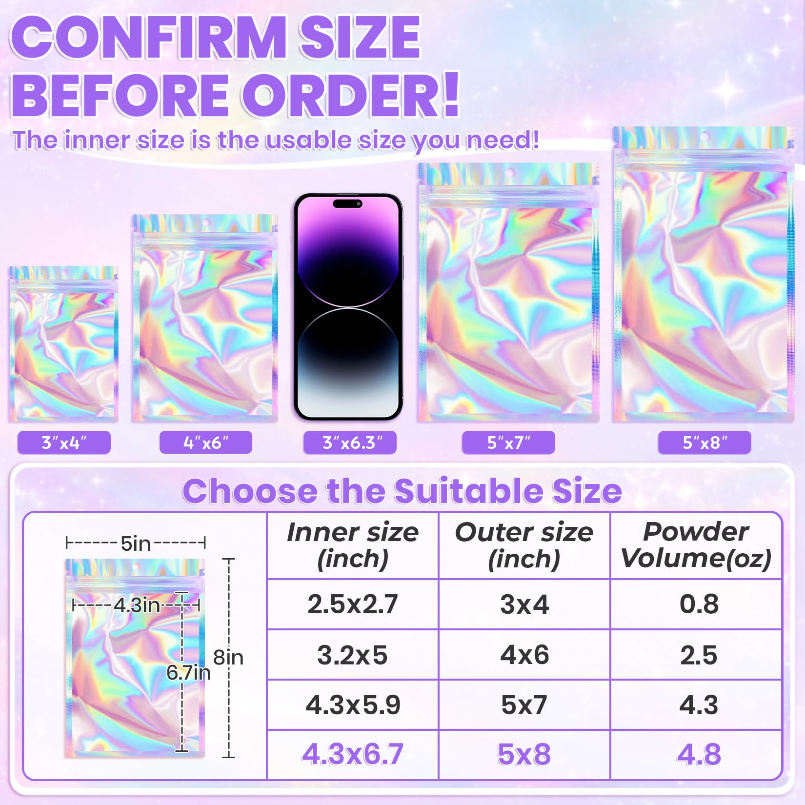 50 sztuk torebek holograficznych 13 cm x 20 cm, wielokrotnego zamykania, odporne na zapachy, holograficzne torby w kolorach tęczy, foliowe woreczki na zamek błyskawiczny, do przechowywania żywności,