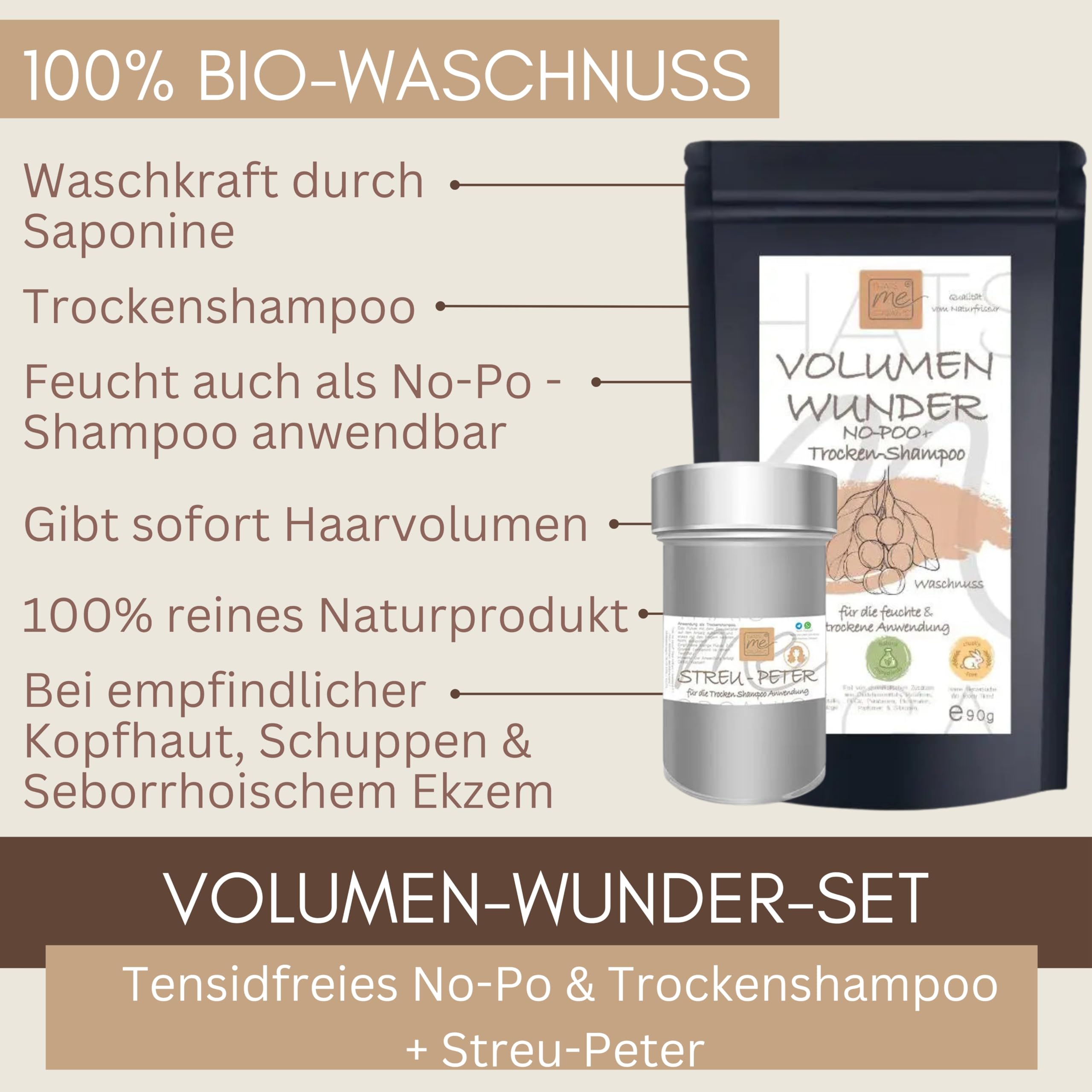 Thats me Organic SPAR-SET BIO Volumen-Wunder: No Poo Trockenshampoo + "Streu-Peter" 2 in 1 90g – Natürliches Styling Powder sorgt für Volumen und Pflege ohne Chemie – für trockene Kopfhaut