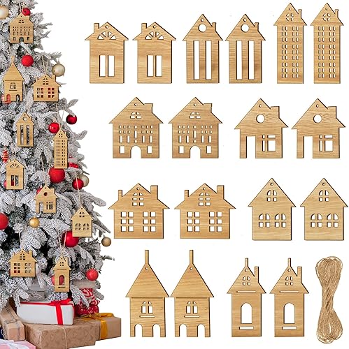 Unittype 18 adornos de madera de Navidad para el árbol de Navidad, adornos de madera en forma de casa, adornos colgantes de madera de doble cara,
