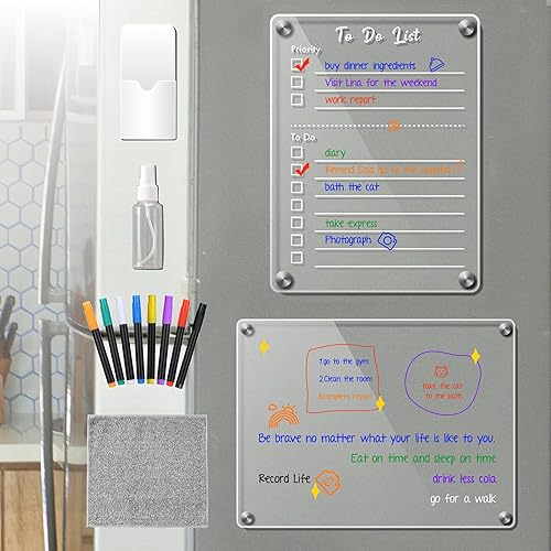 Calendario magnético acrílico para refrigerador, lista de tareas y pizarra de borrado en seco con 8 marcadores y accesorios gratis (paquete de 2)