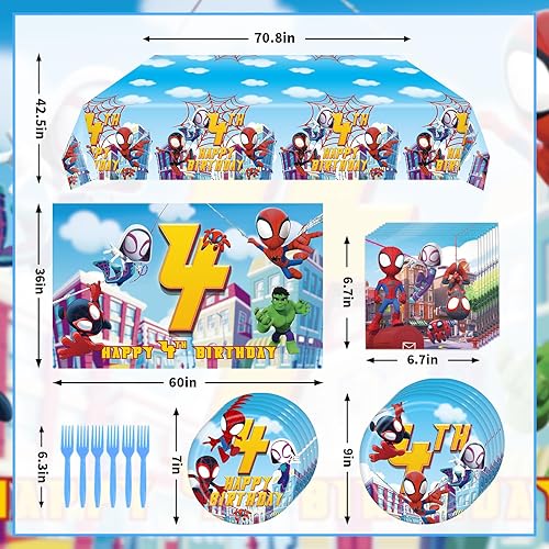 Miniatura 3 de Spidey and His Amazing Friends - Suministros para fiesta de cumpleaños, el juego de decoración de 4 cumpleaños de Spidey incluye platos, pancarta,